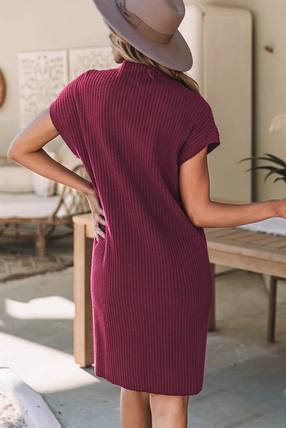 Blackish Green Patch Pocket Ribbed Knit Short Sleeve Sweater Dress eAura