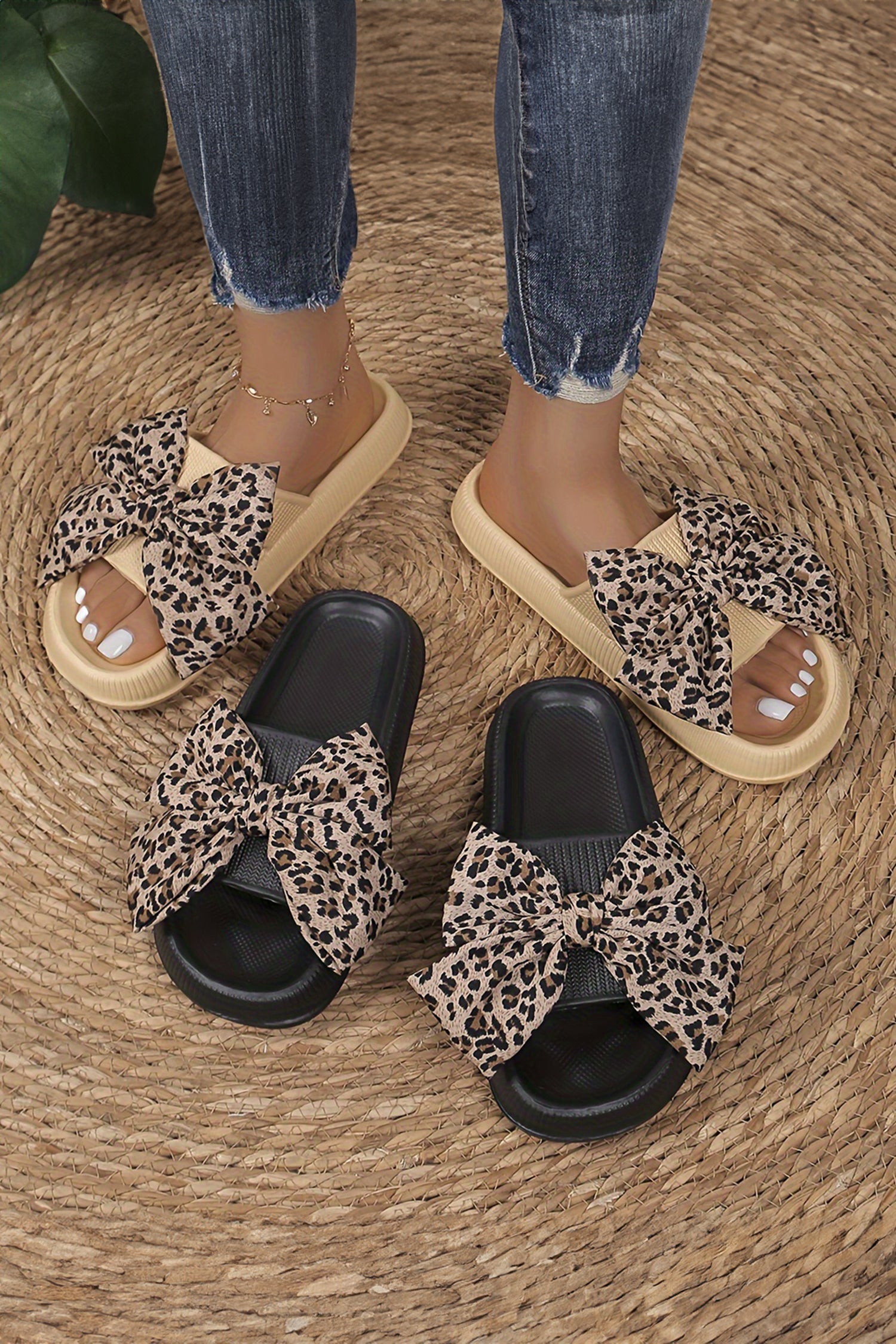 Khaki Contrast Leopard Bow Decor Comfort Sandals