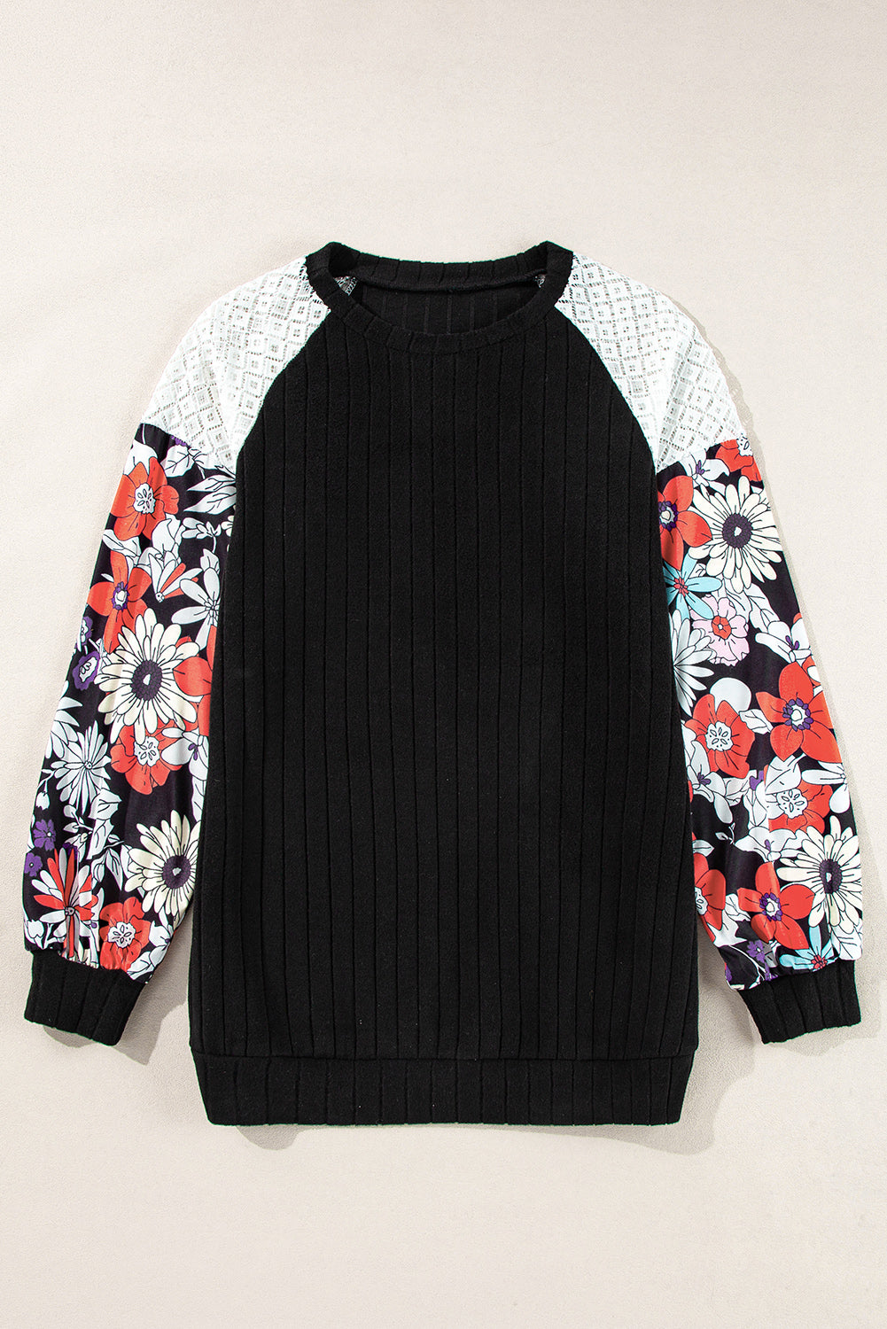 Black Floral Patchwork Long Sleeve Ribbed Blouse - eAura