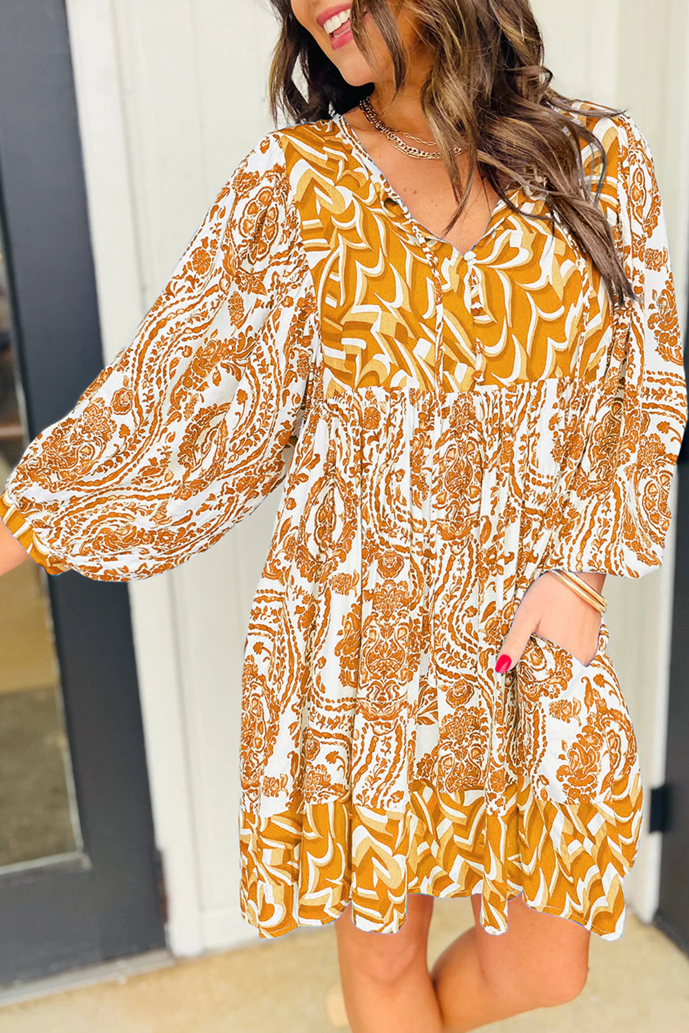 Orange Bohemian Print Puff Sleeve Tied V Neck Flared Mini Dress Beagle Boutique Fashion Outlet
