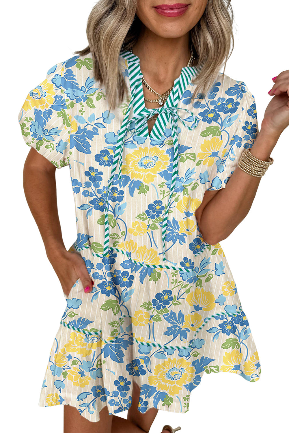 Blue Floral Striped Trim Puff Short Sleeve Dress eAura