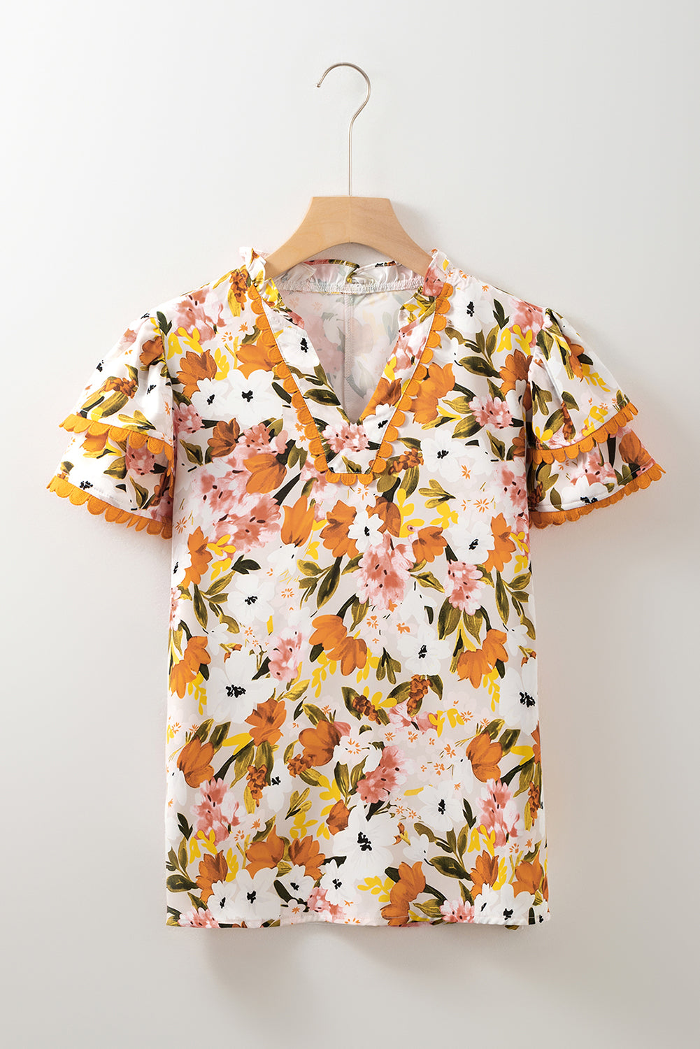 Russet Orange Ruffled V Neck Scalloped Short Sleeve Floral Blouse eAura