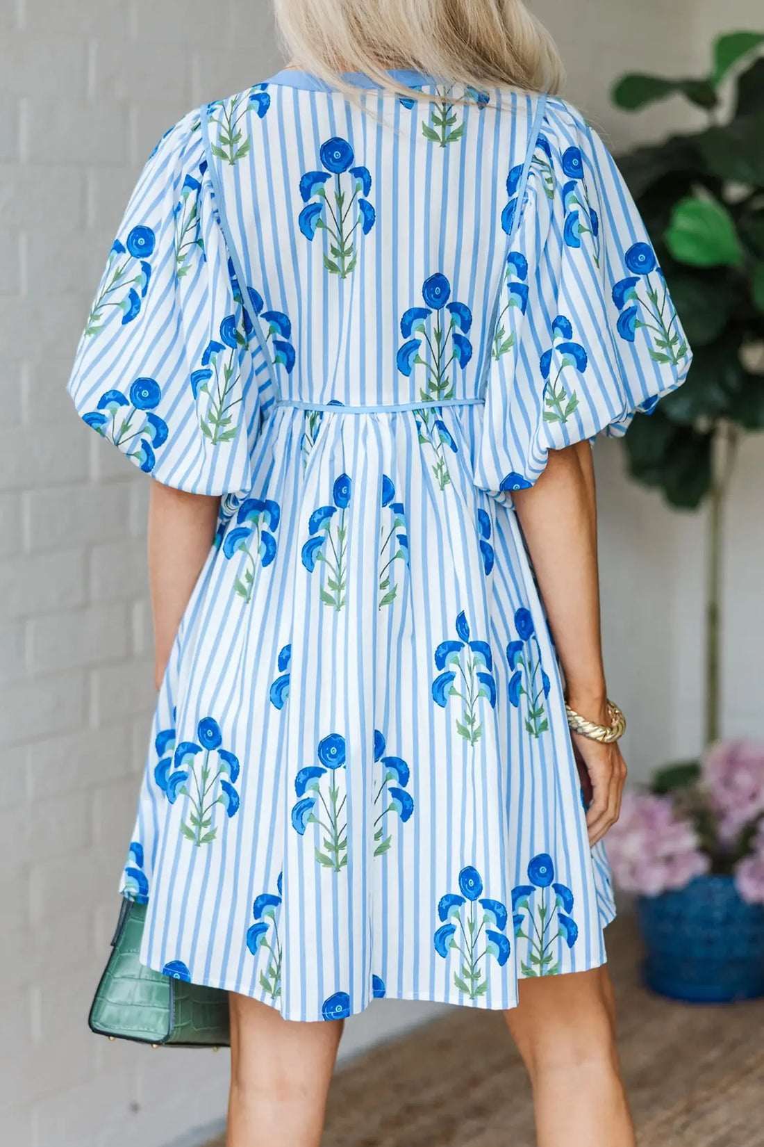 Floral Striped Tie Neck Puff Sleeve Mini Dress – Light Blue & Pink