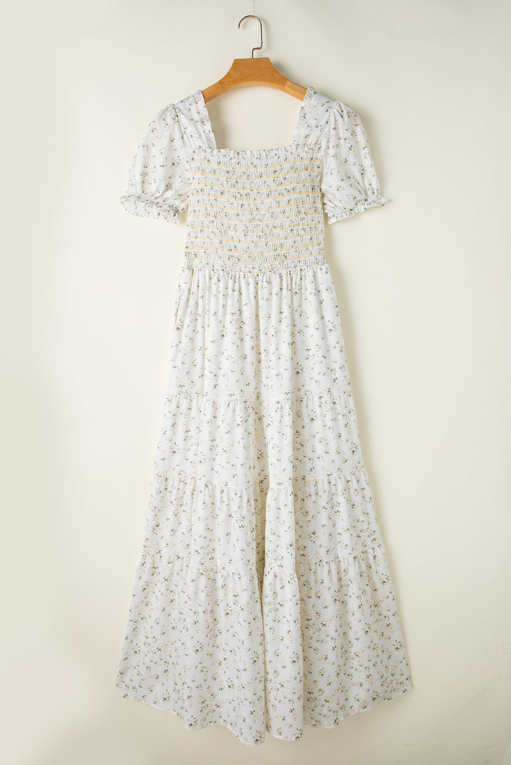 White Frilly Shirred Bodice Tiered Floral Maxi Dress eAura
