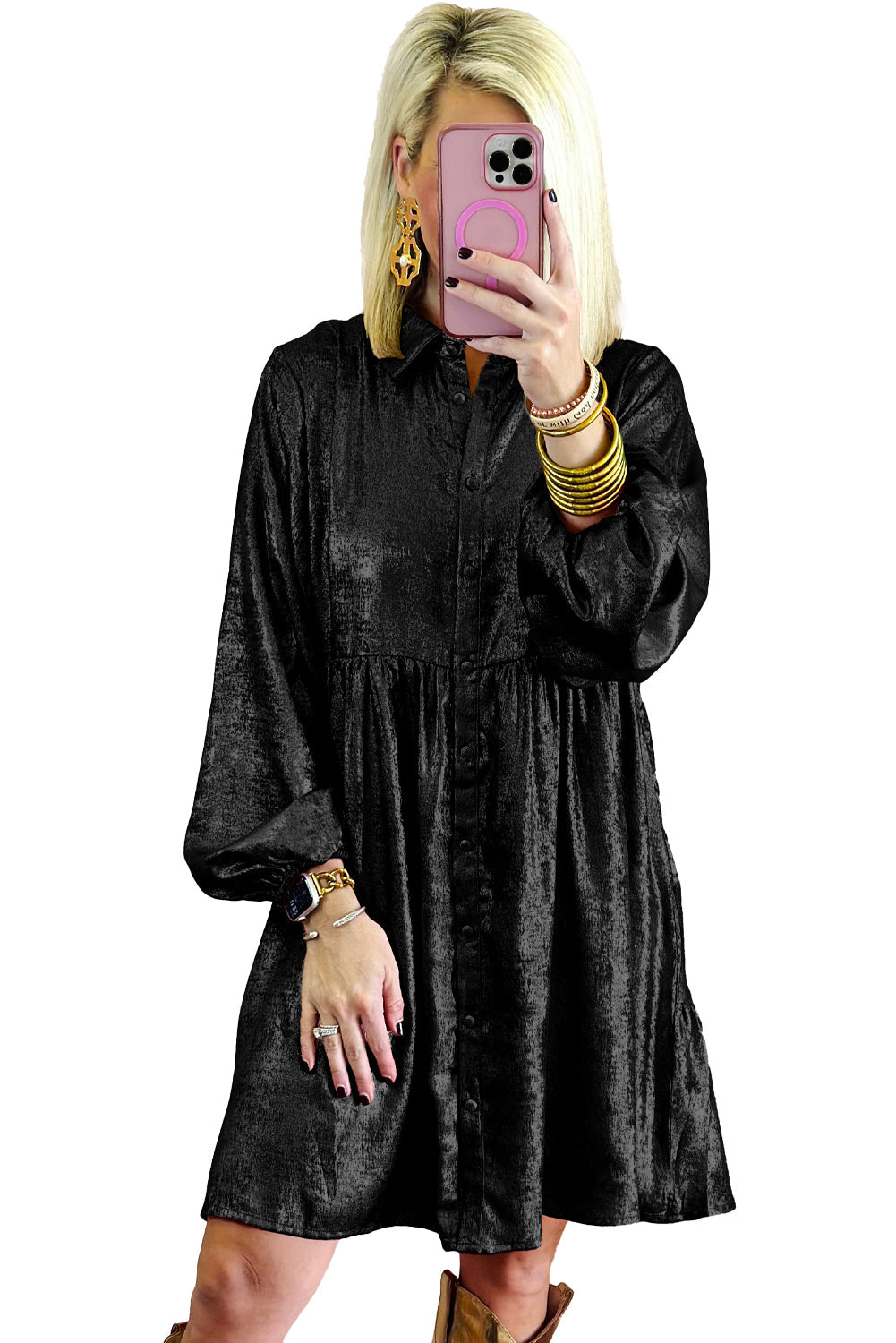 Peach Blossom Metallic Sheen Puff Sleeve Button Up Mini Shirt Dress eAura