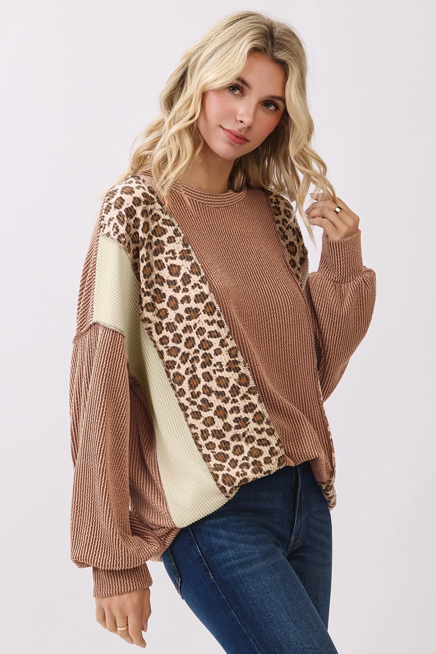 Leopard Print Colorblock Ribbed Knit Top – Dune