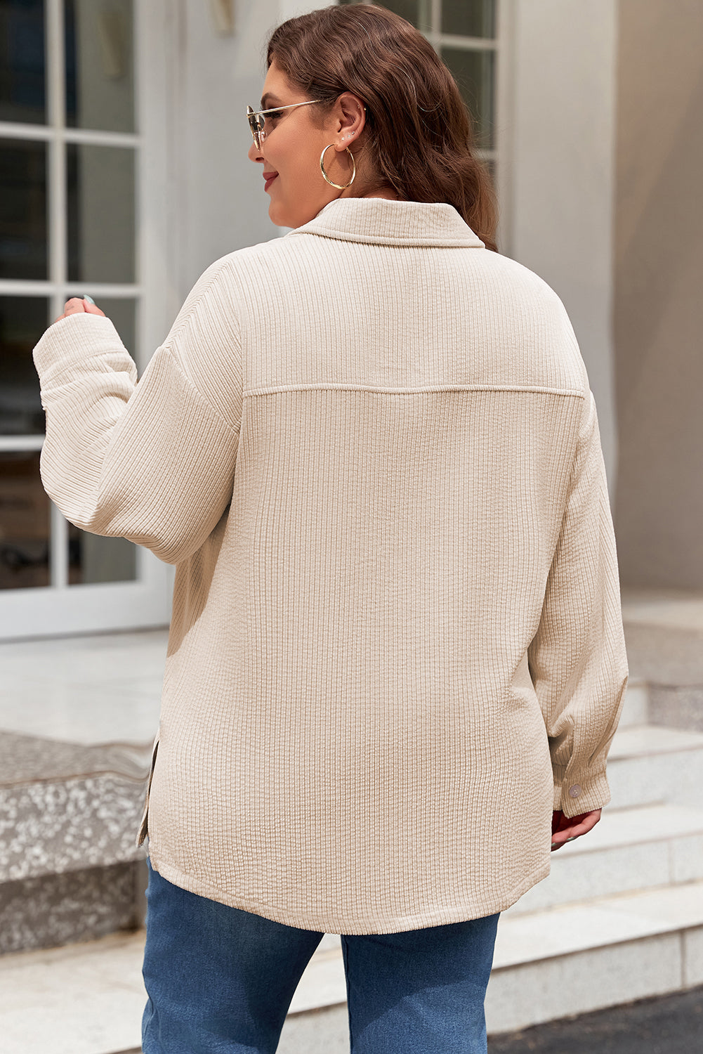 Oatmeal Textured Flap Pockets Buttoned Plus Size Shacket Beagle Boutique Fashion Outlet