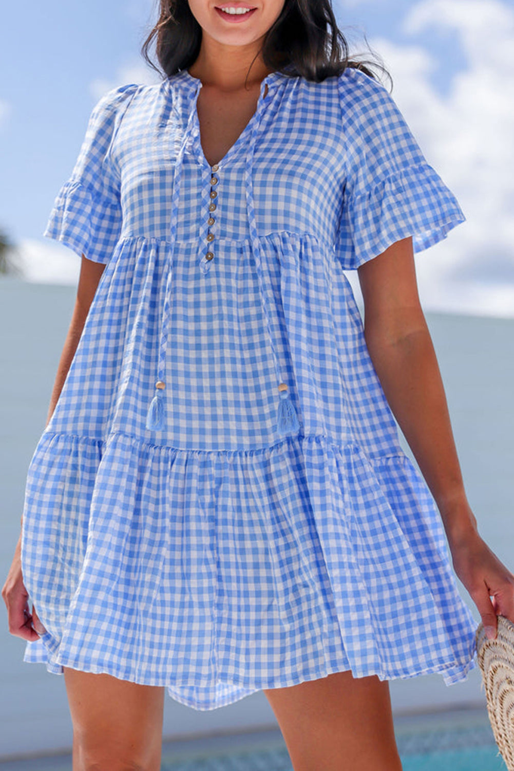 Sky Blue Gingham Short Sleeve Button Tie Split Neck Loose Mini Dress eAura
