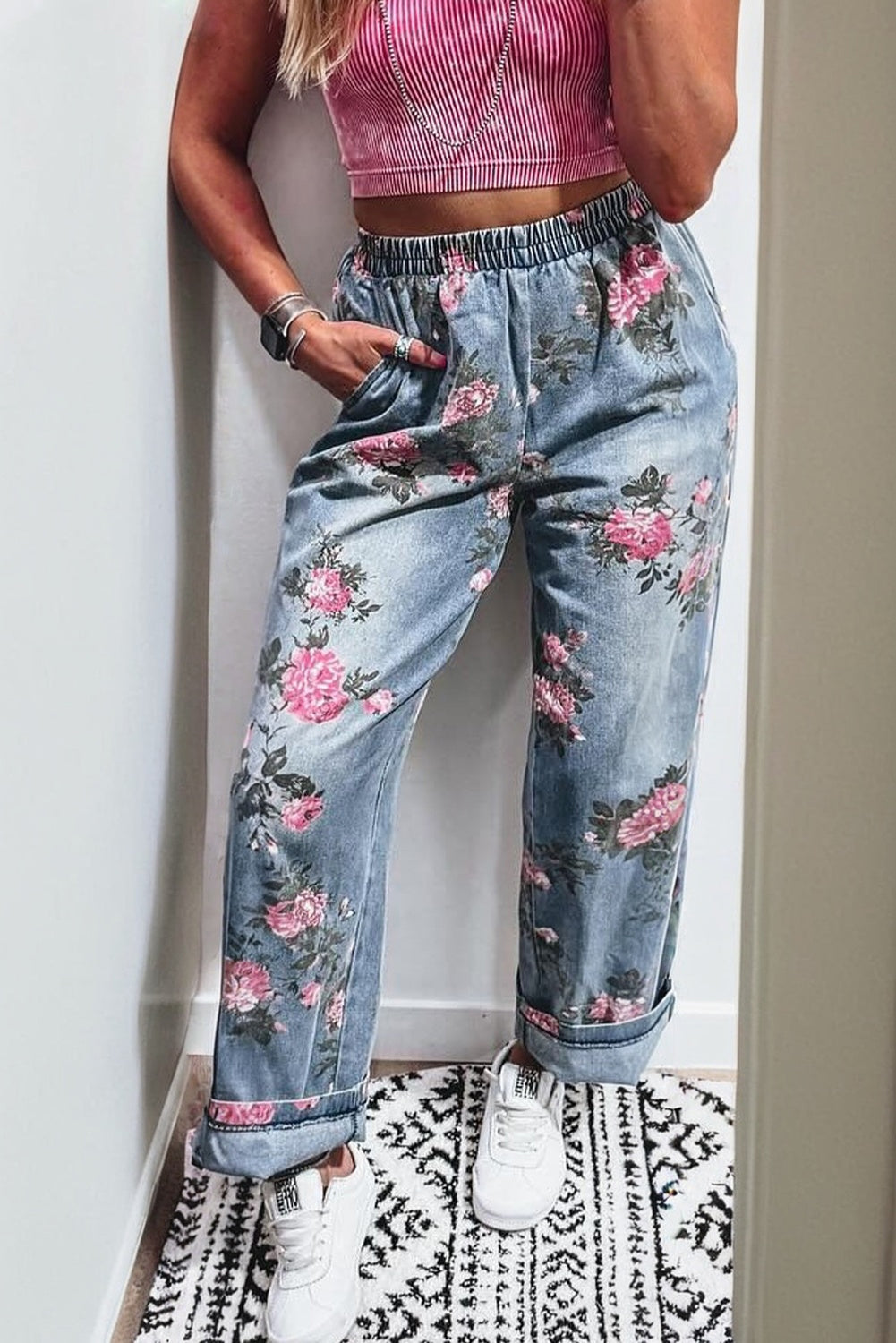 Floral Print Elastic Waist Pull On Casual Jeans