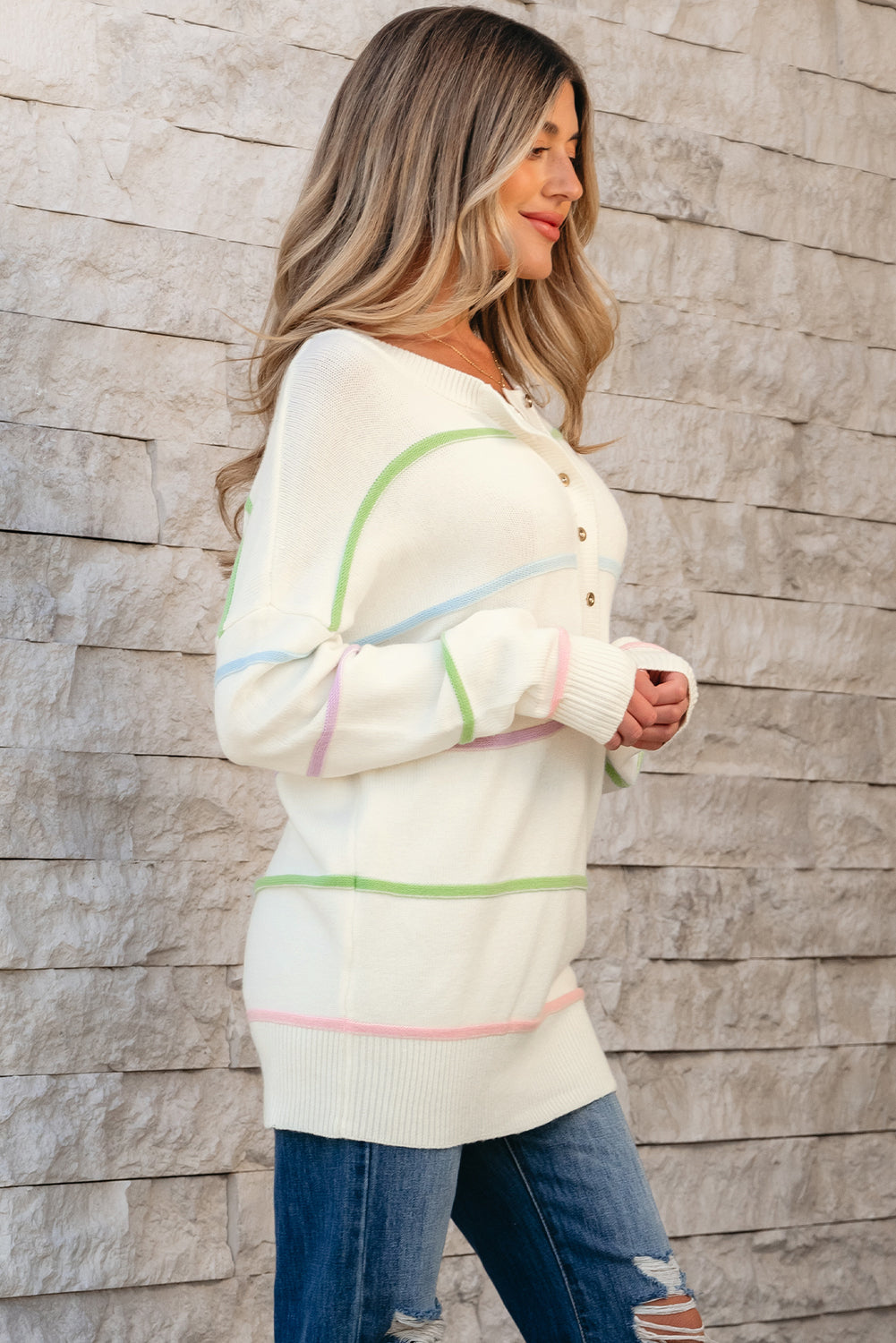 White Rainbow Stripes Drop Shoulder Baggy Henley Sweater eAura