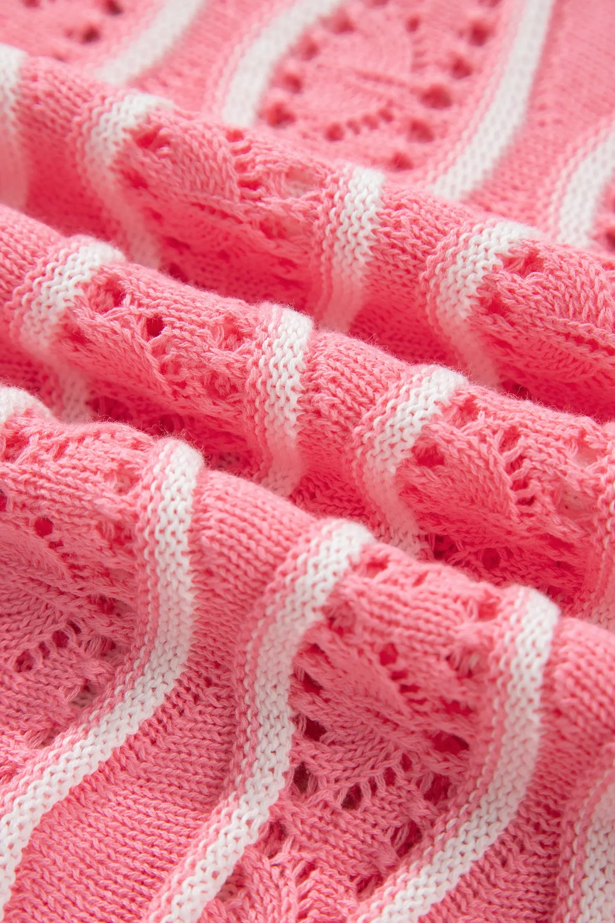 Wavy Detail Hollow Out Knit Long Sleeve Cotton Pullover Sweater – Pink