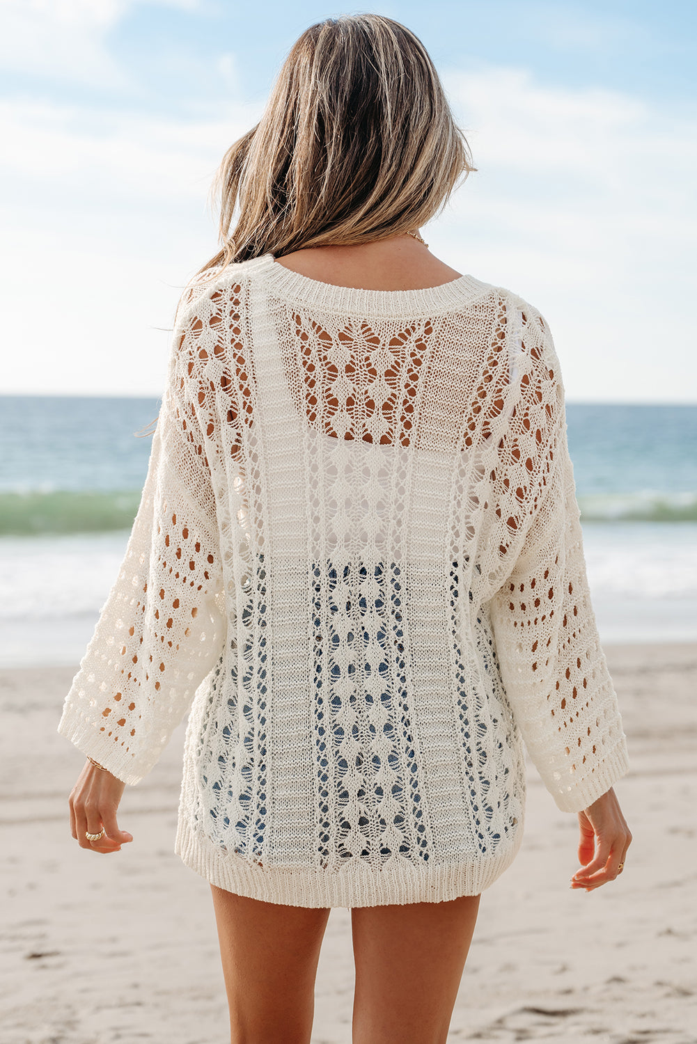 White Hollow Out Knit Bracelet Sleeve Drop Shoulder Sweater eAura