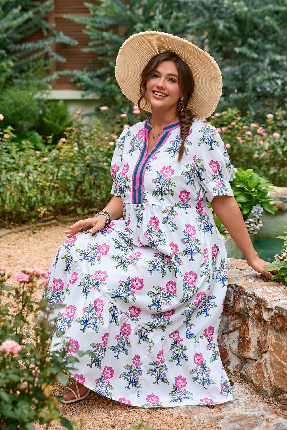 Print Contrast Split Neckline Short Puff Sleeve Curvy Dress BB Fashion Outlet