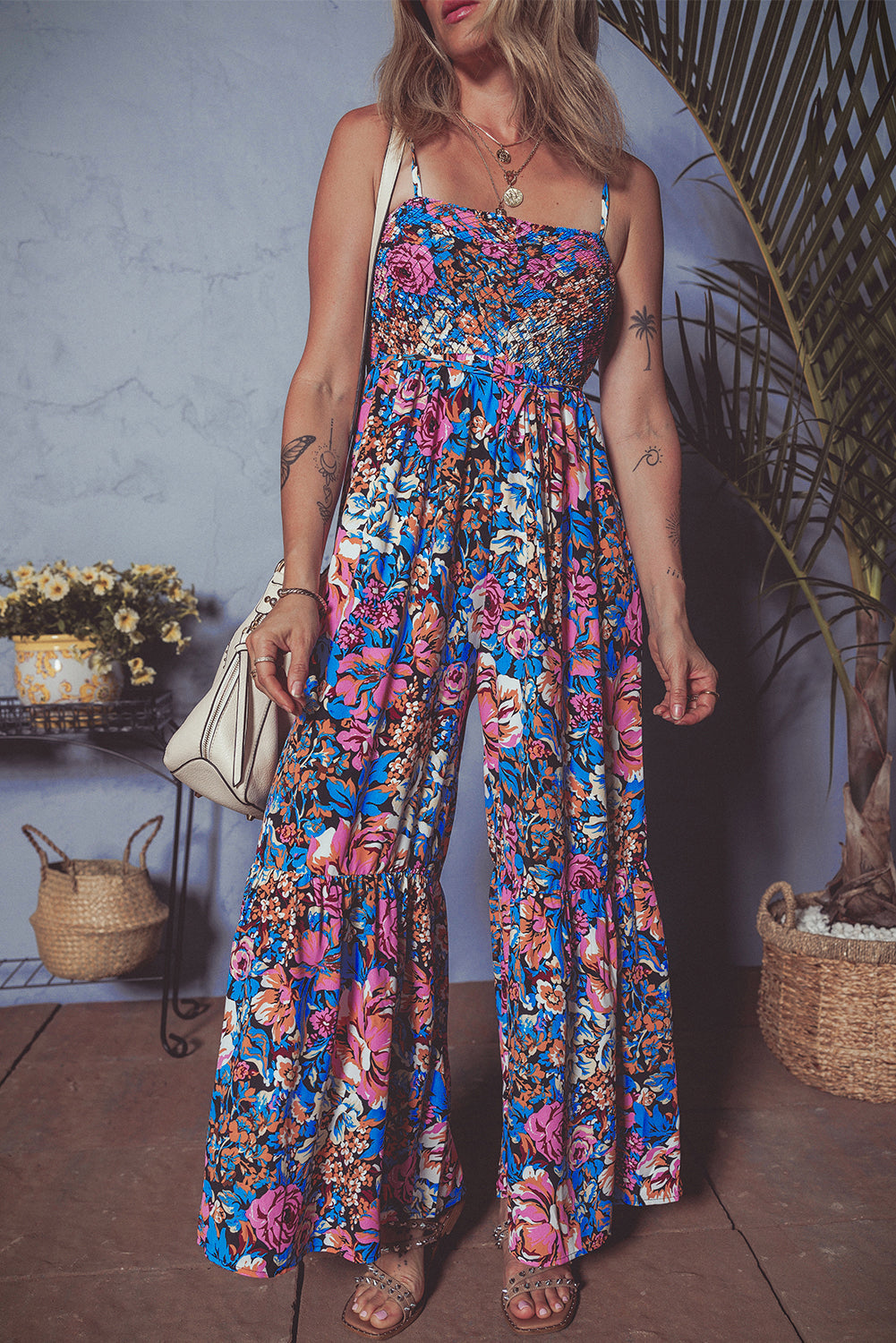 Pink Floral Smocked Bust Spaghetti Straps Wide Leg Jumpsuit eAura
