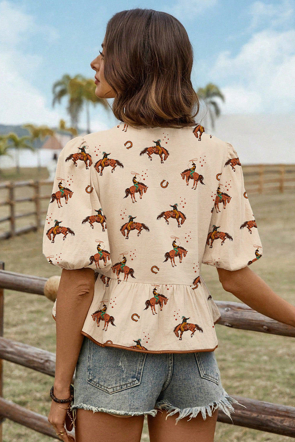 Cowboy Print Puff Sleeve Bowknot Babydoll Blouse