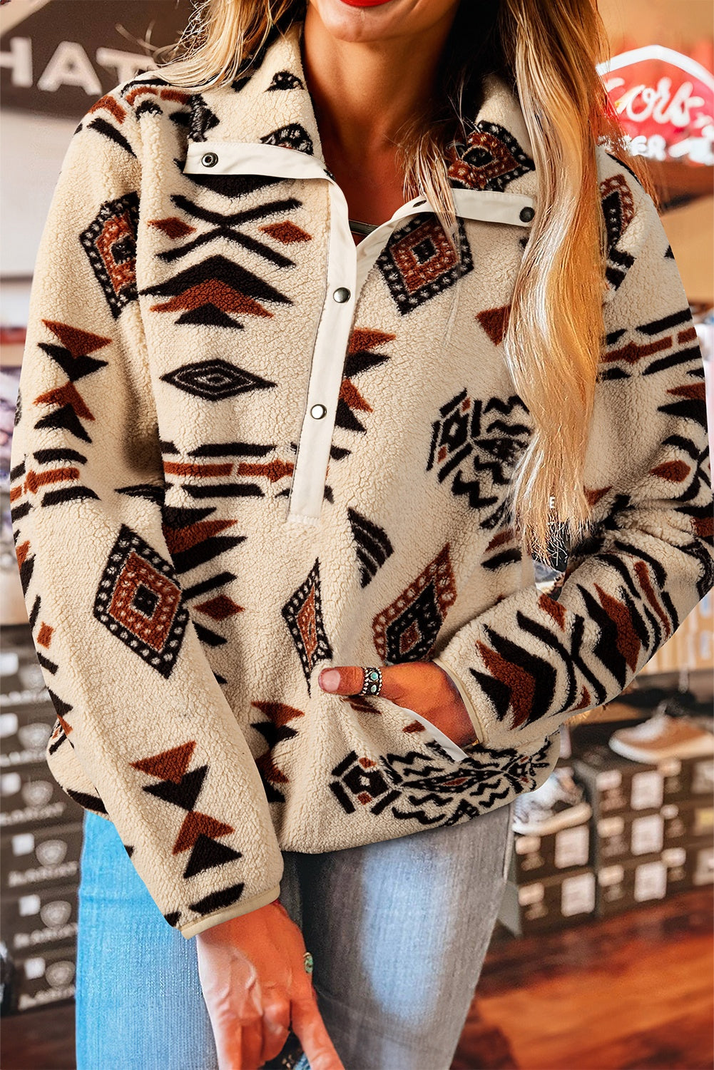 Black Western Aztec Half Zip Plush Sweatshirt eAura