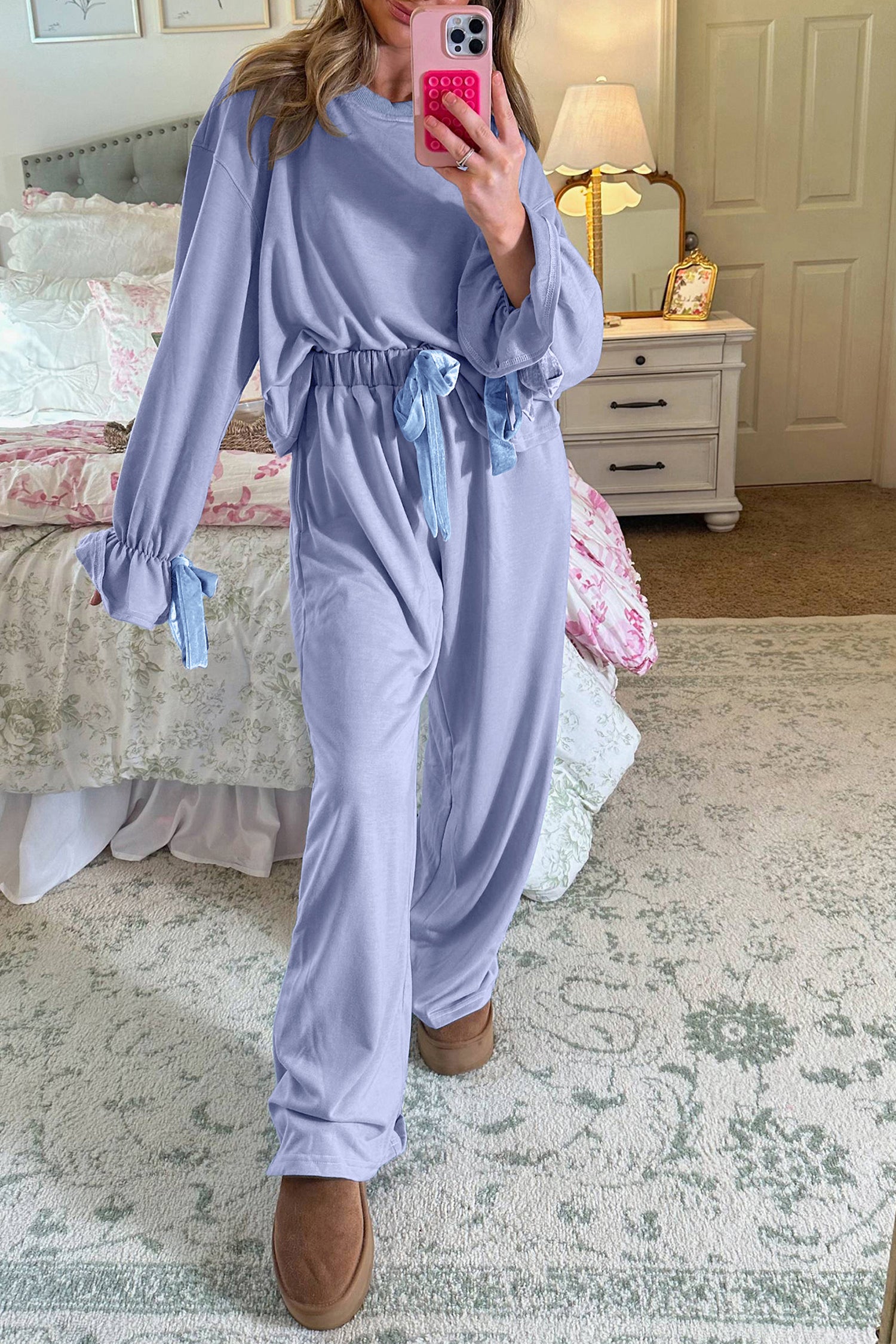 Beau Flounce Long Sleeve Top Drawstring Pants Contrast Velvet Bow Knot 2pcs Lounge Set – Blue