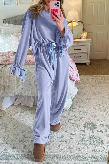 Beau Flounce Long Sleeve Top Drawstring Pants Contrast Velvet Bow Knot 2pcs Lounge Set – Blue