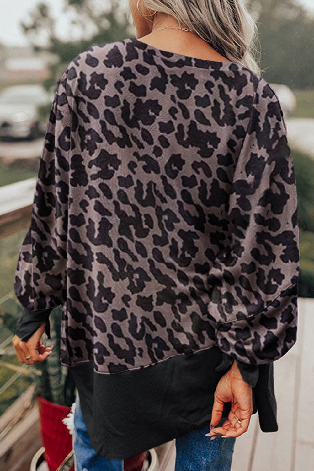 Black Leopard Patchwork Bishop Sleeve Slit Sweatshirt eAura