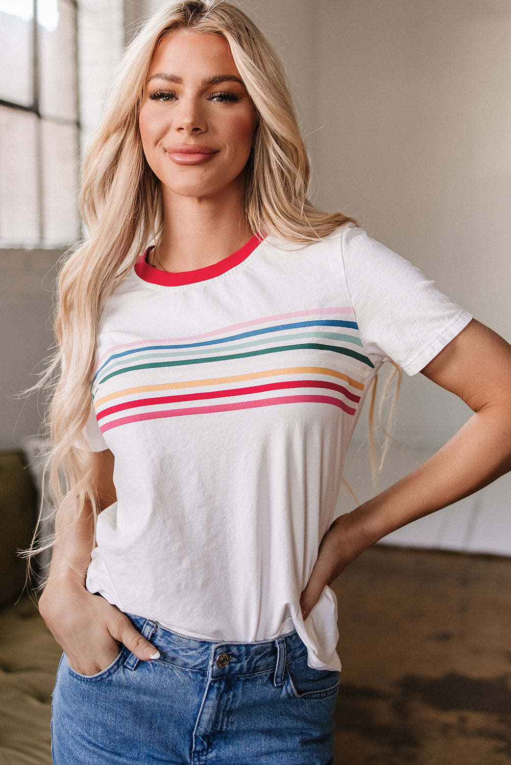 White Rainbow Stripe Print Contrast Crewneck T Shirt eAura