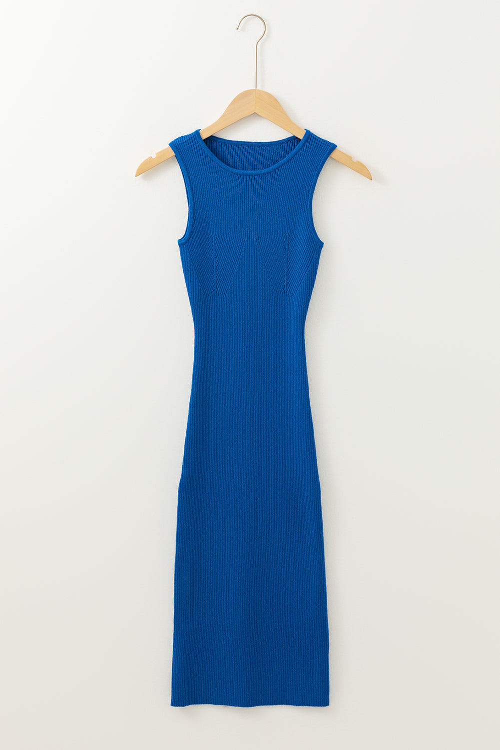 Dark Blue Solid Ribbed Knit Sheath Sleeveless Midi Sweater Dress eAura