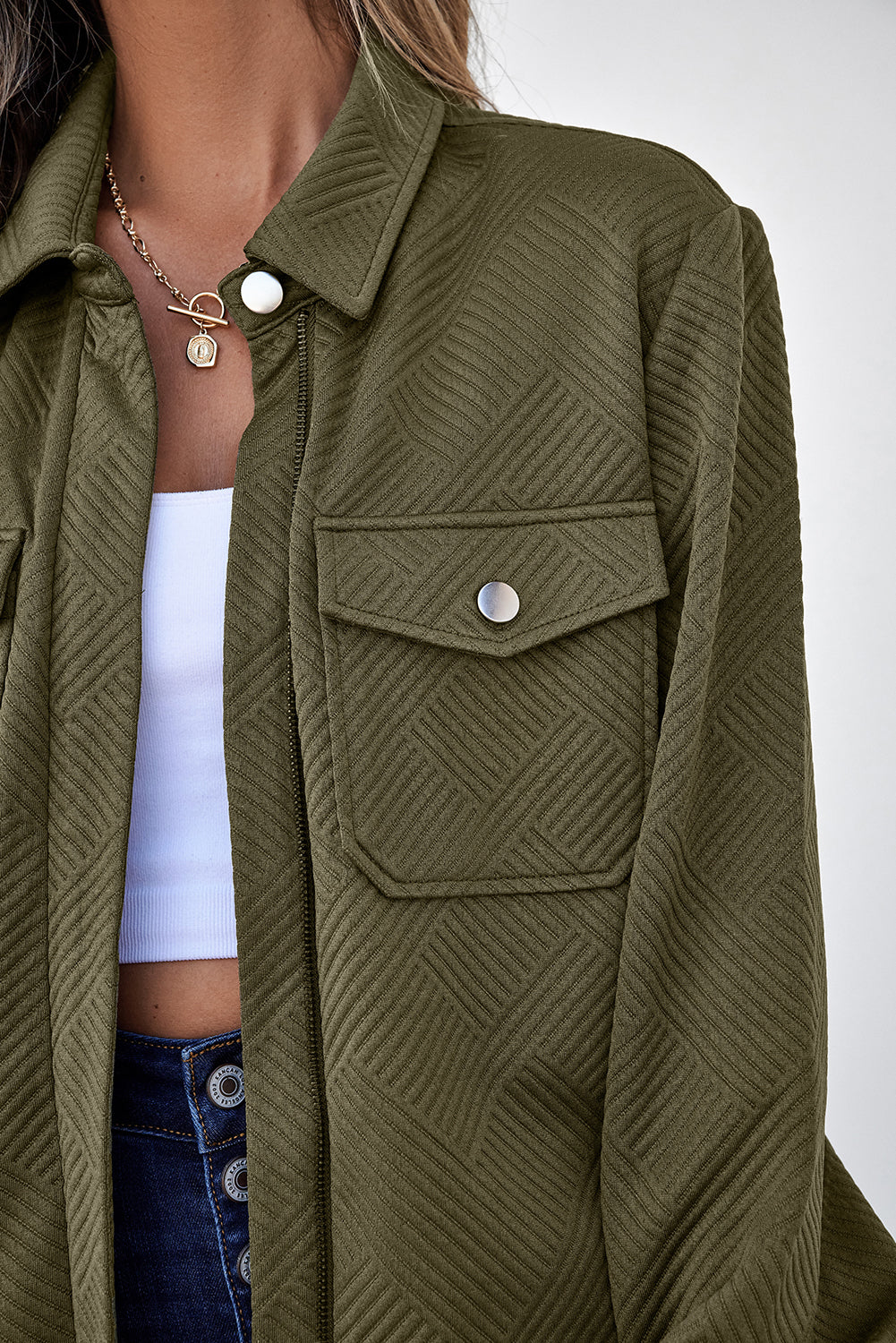 Solid Color Zip Up Button Flap Pocket Shirt Collar Jackets – Blackish Green