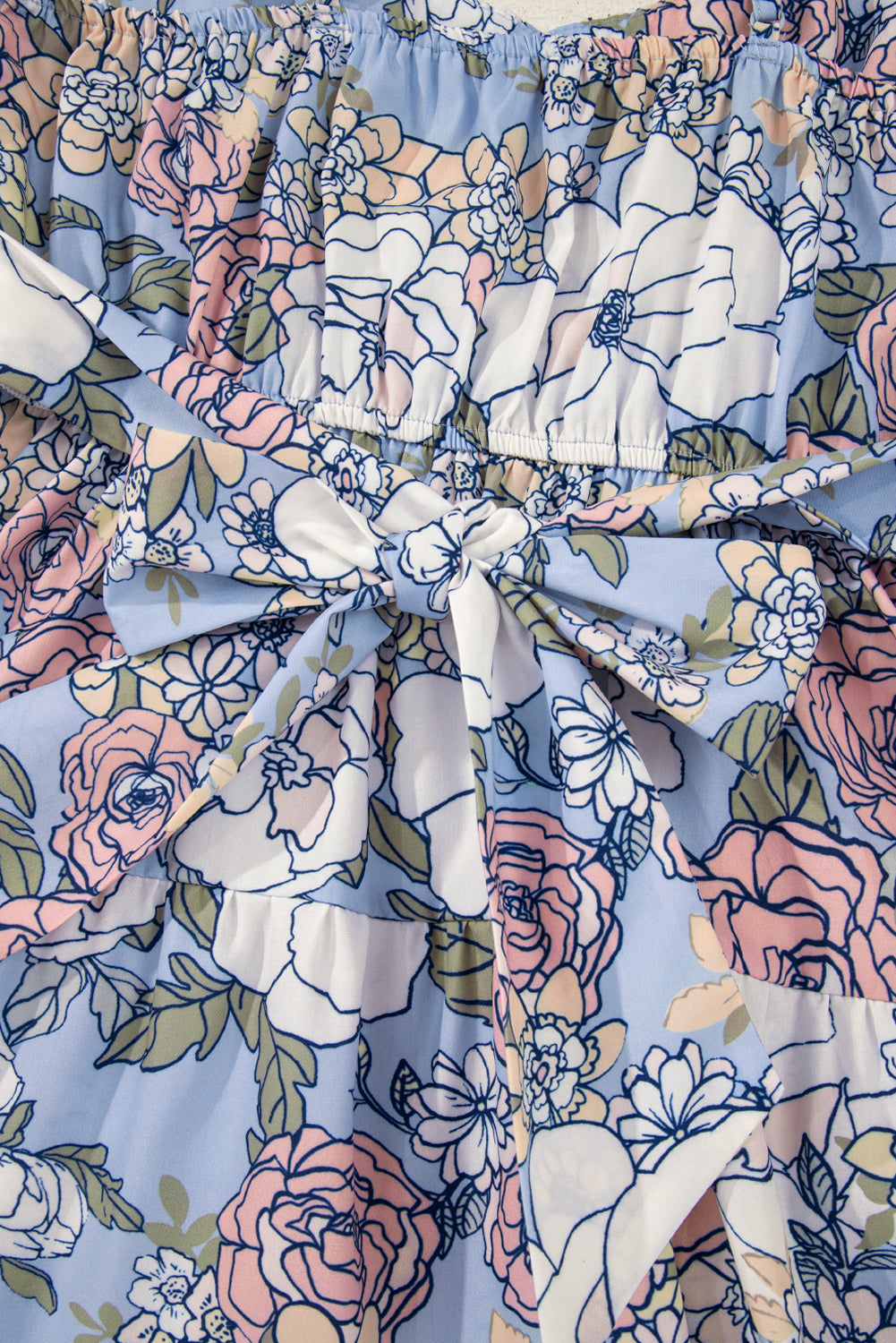 Sky Blue Floral Tiered Patchwork Spaghetti Strap Dress eAura