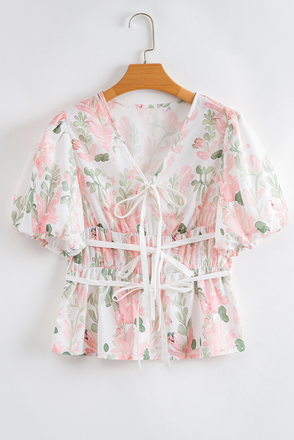 Pink Floral Puff Sleeve V Neck Tied Front Peplum Blouse eAura