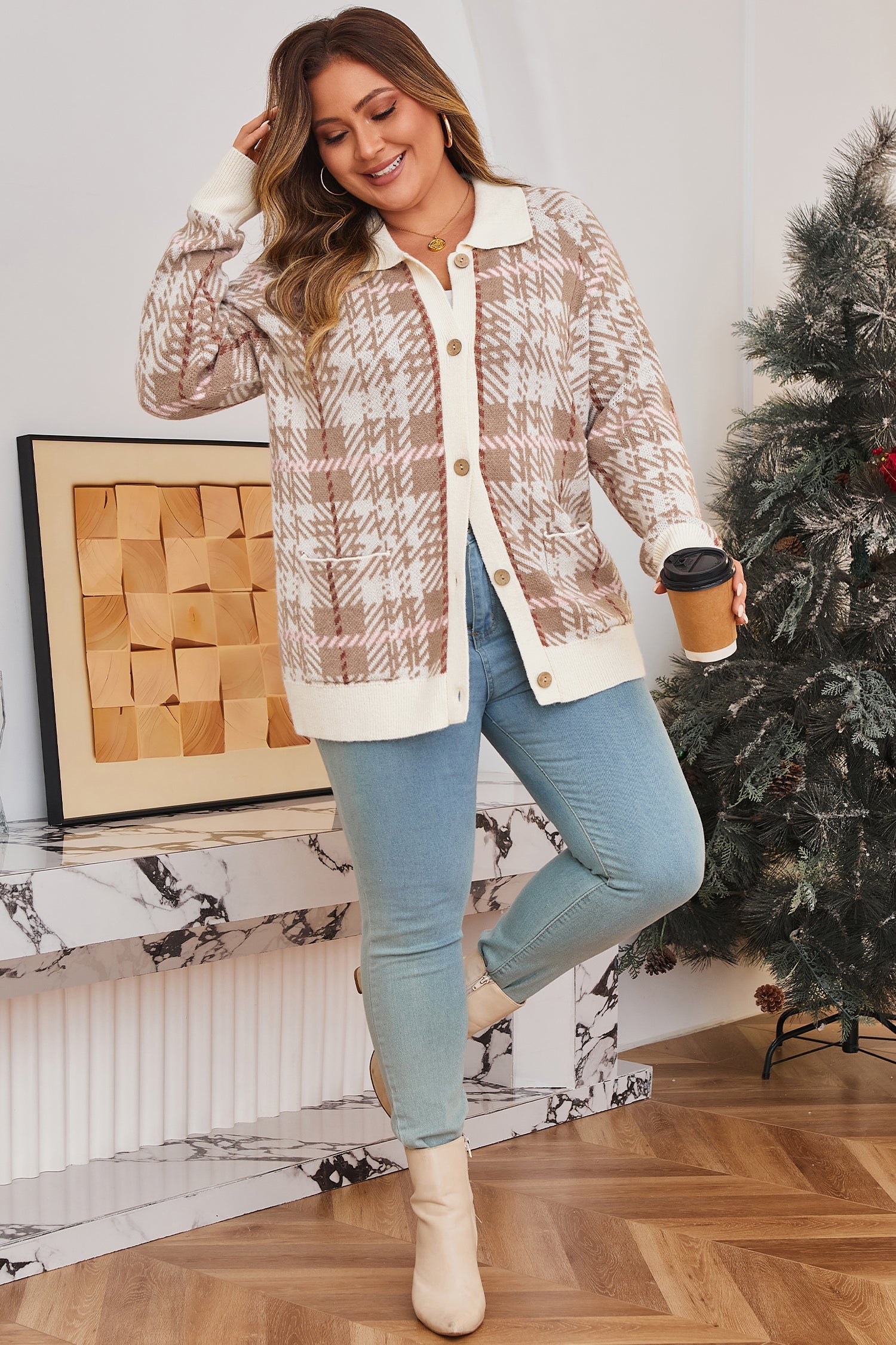 Vintage Pattern Ribbed Trim Button Front Plus Size Cardigan - eAura