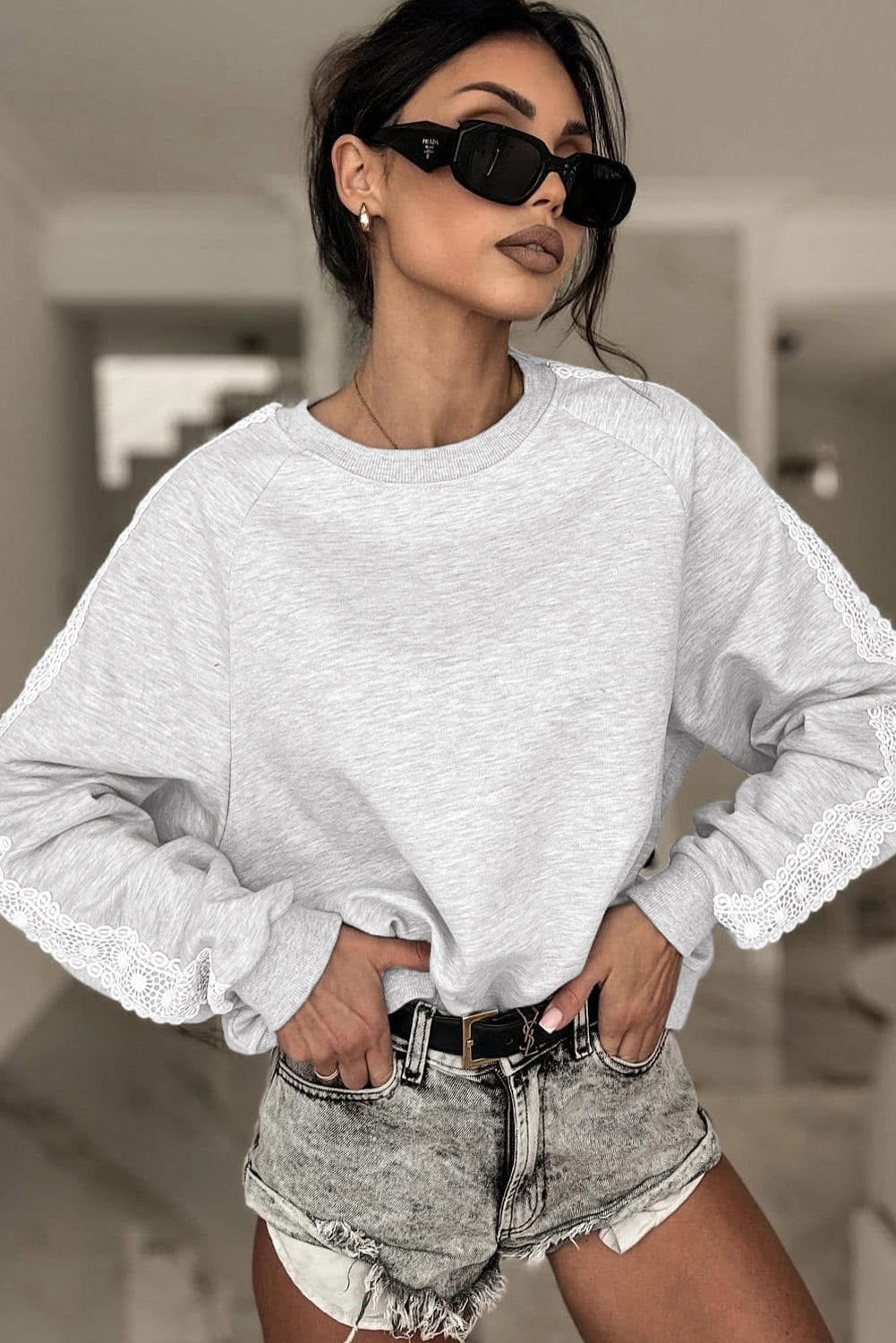 Grey Lace Patchwork Raglan Sleeve Sweatshirt - eAura