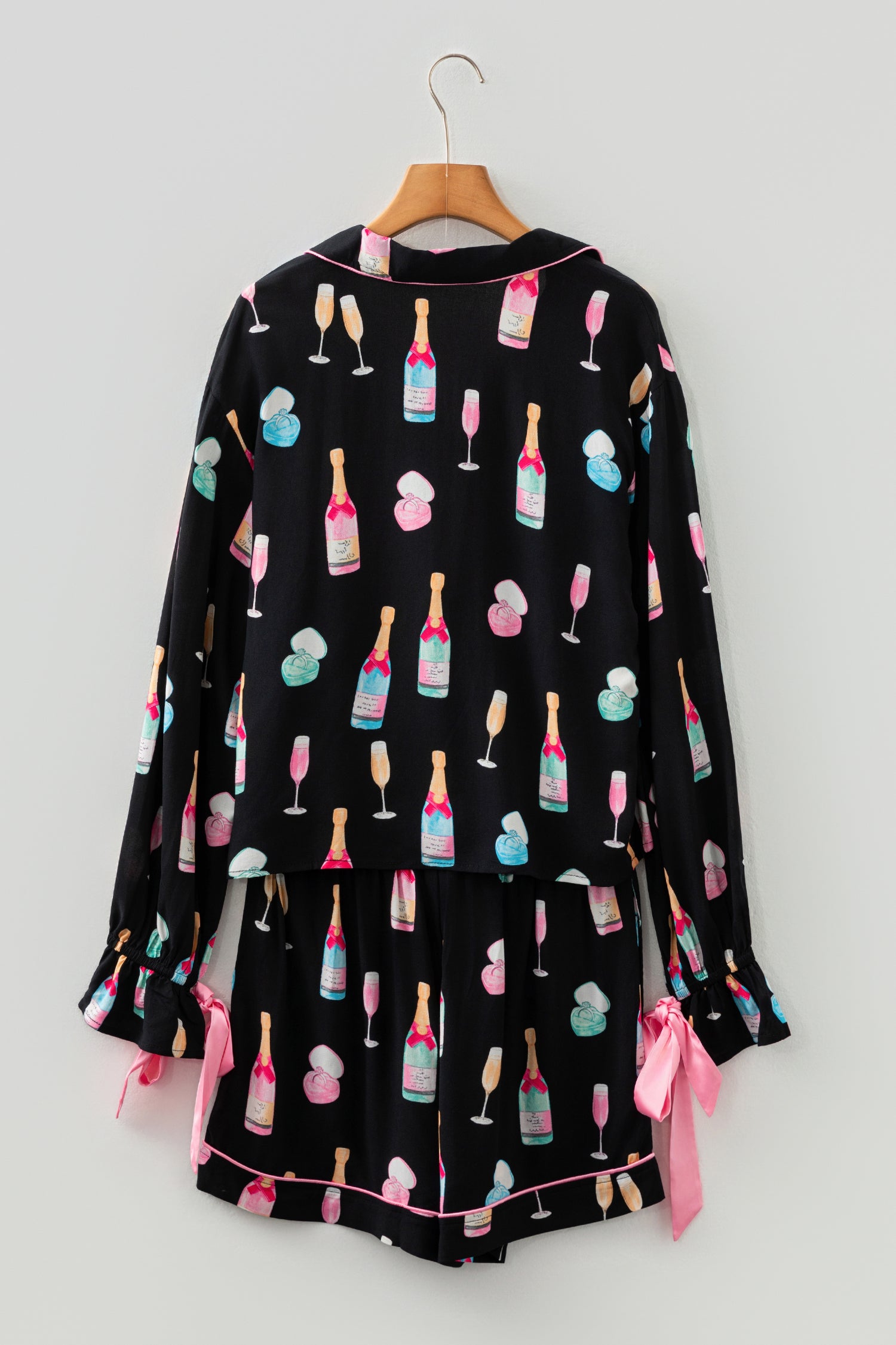 Christmas Wine Glass Print Bow Knot Two Piece Pajama Set – Color Black