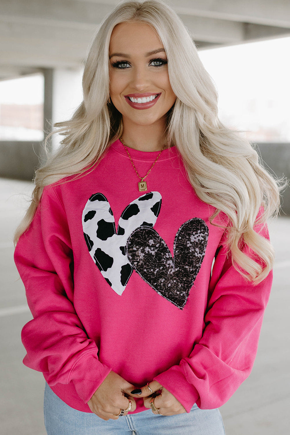 Pink Sequins Heart Patch Graphic Sweatshirt