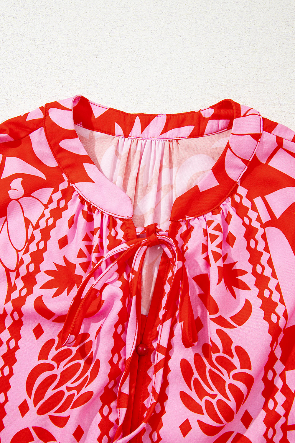 Abstract Floral Print Tie Neck Button Decor 3/4 Sleeve Blouse - eAura