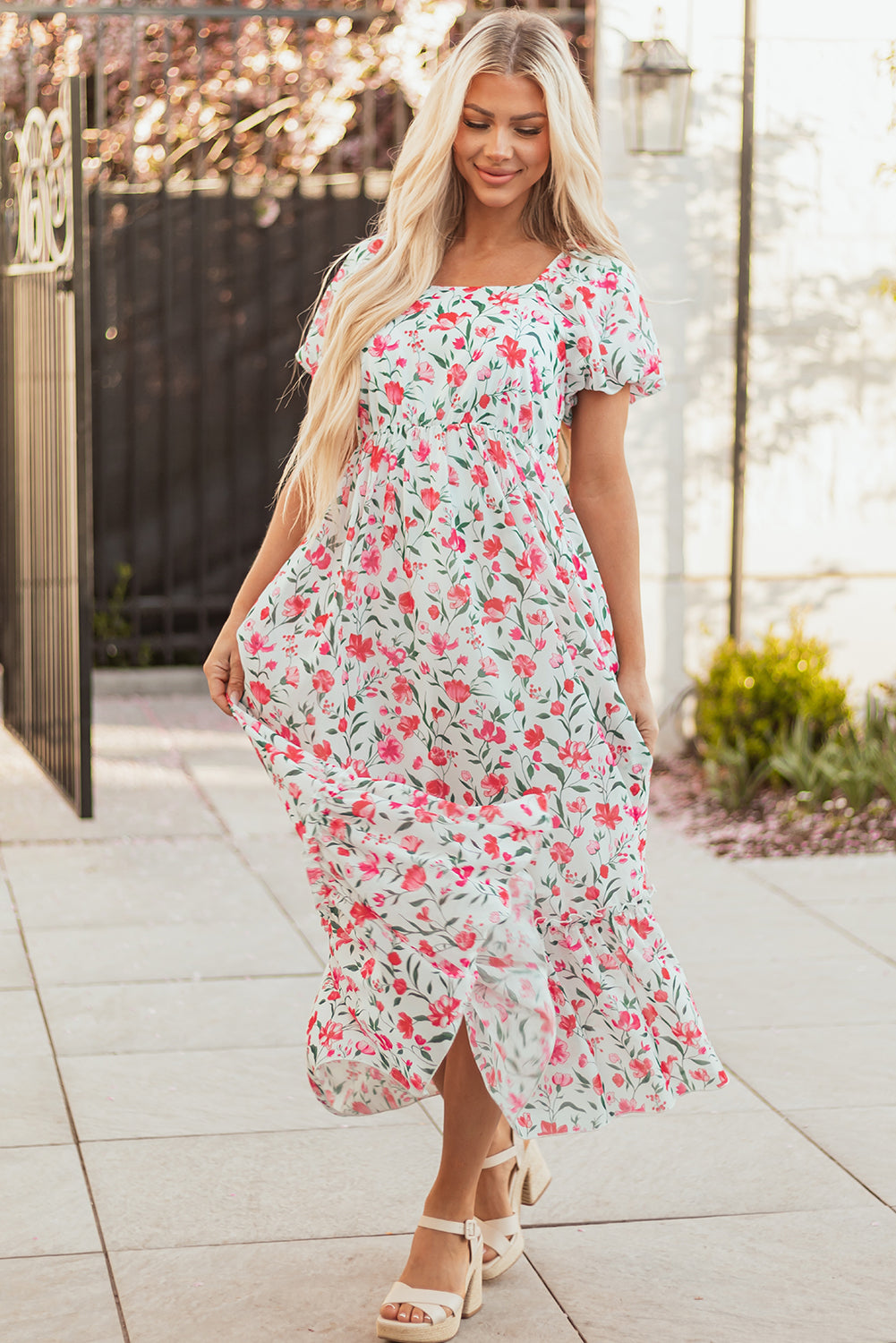 Pink Floral Puff Sleeve Square Neck Empire Waist Tiered Maxi Dress eAura