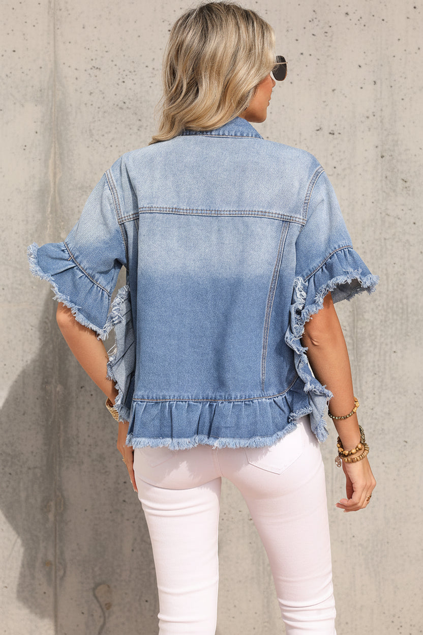 Raw Edge Ruffled Short Sleeve Denim Jacket