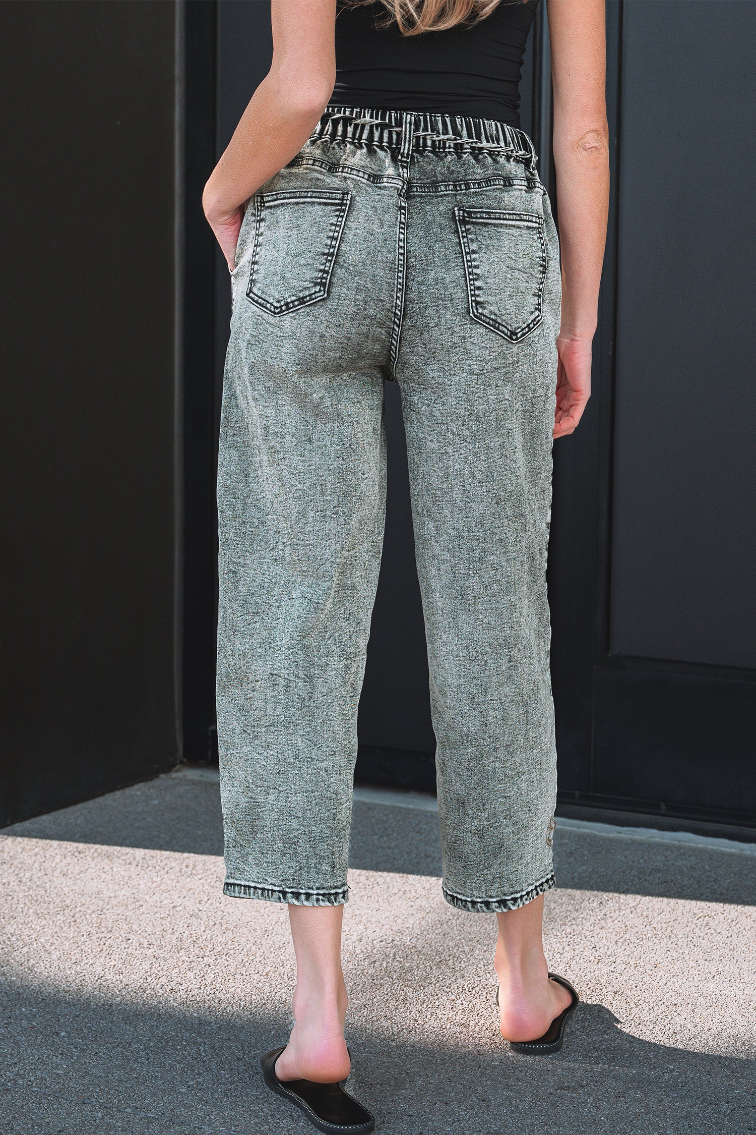 Gray Acid Wash Tie Waist Denim Pants