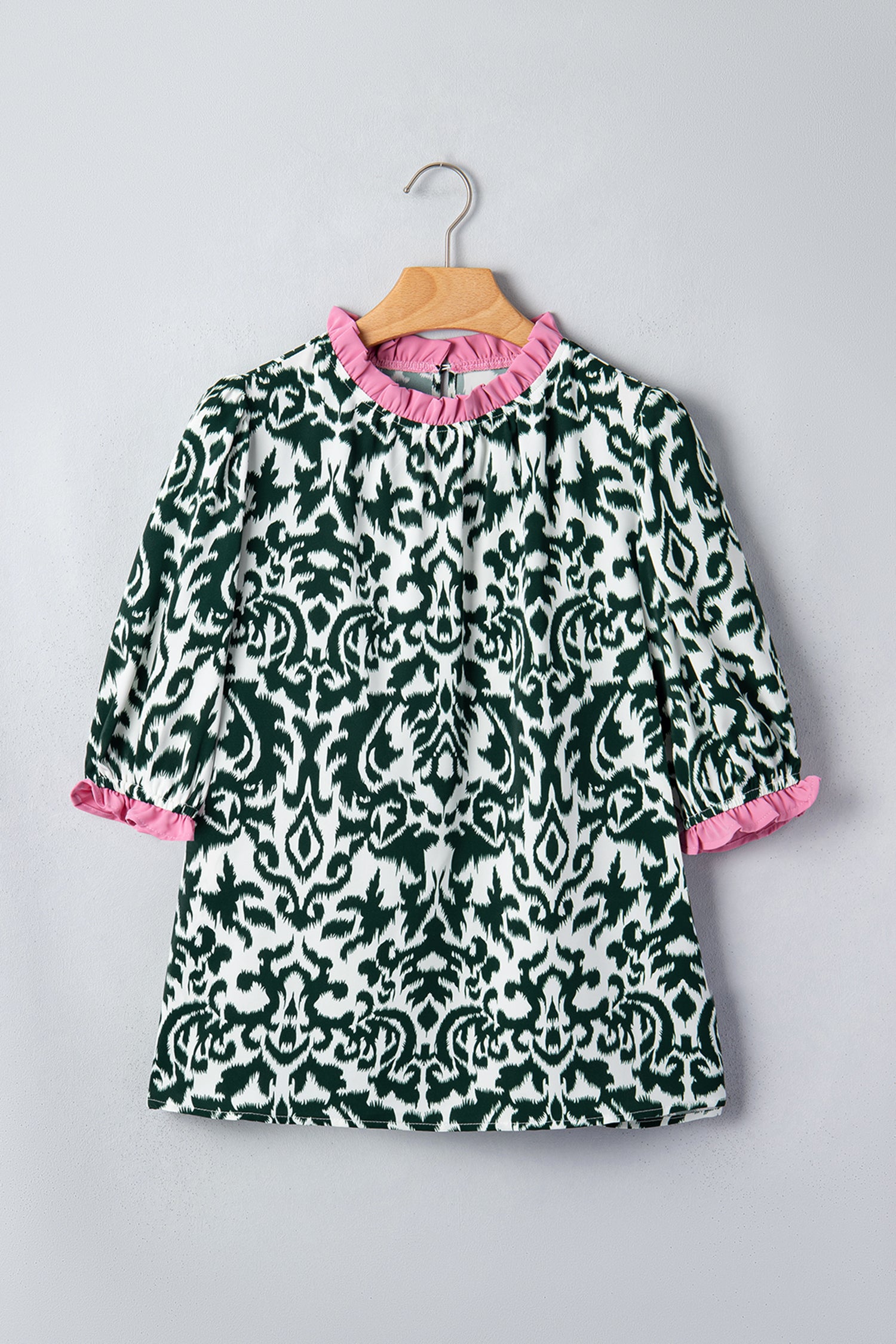 Damask Print Ruffle Colour Block Puff Sleeve Blouse