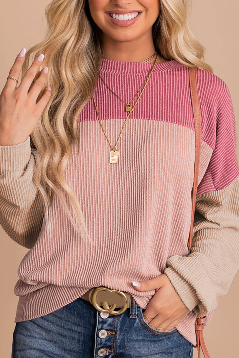 Pink Colour Block Long Sleeve Ribbed Loose Top eAura