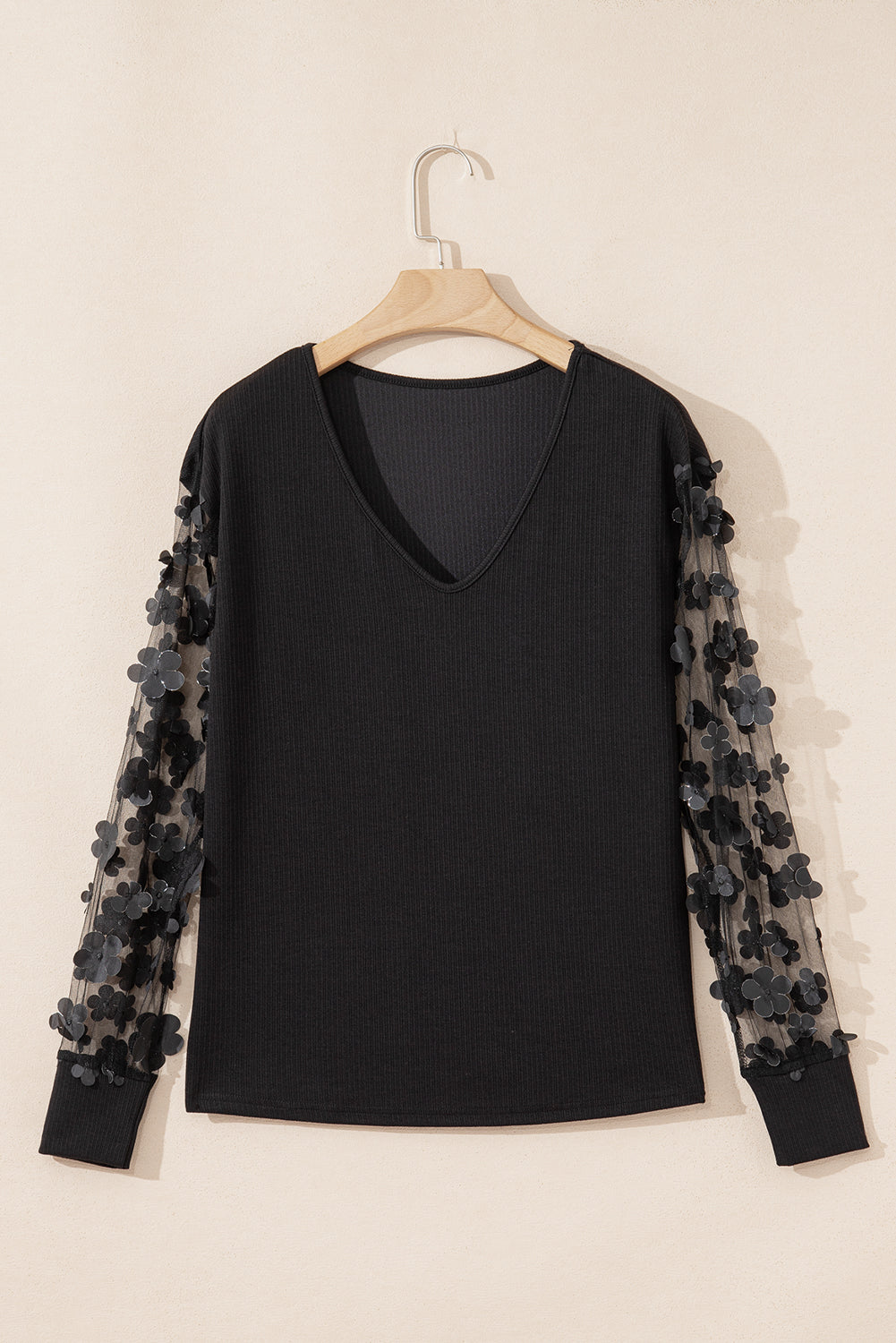 Black Flower Applique Mesh Long Sleeve V-Neck Blouse - eAura