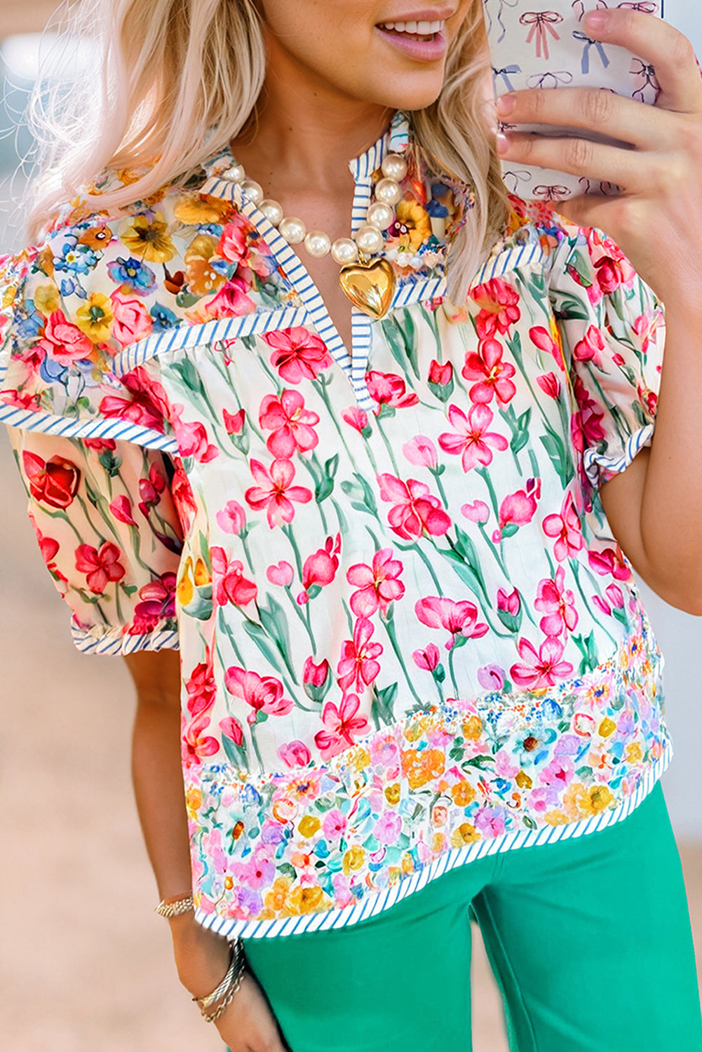 Pink Floral Print Striped Detail Split Neck Short Sleeve Blouse eAura