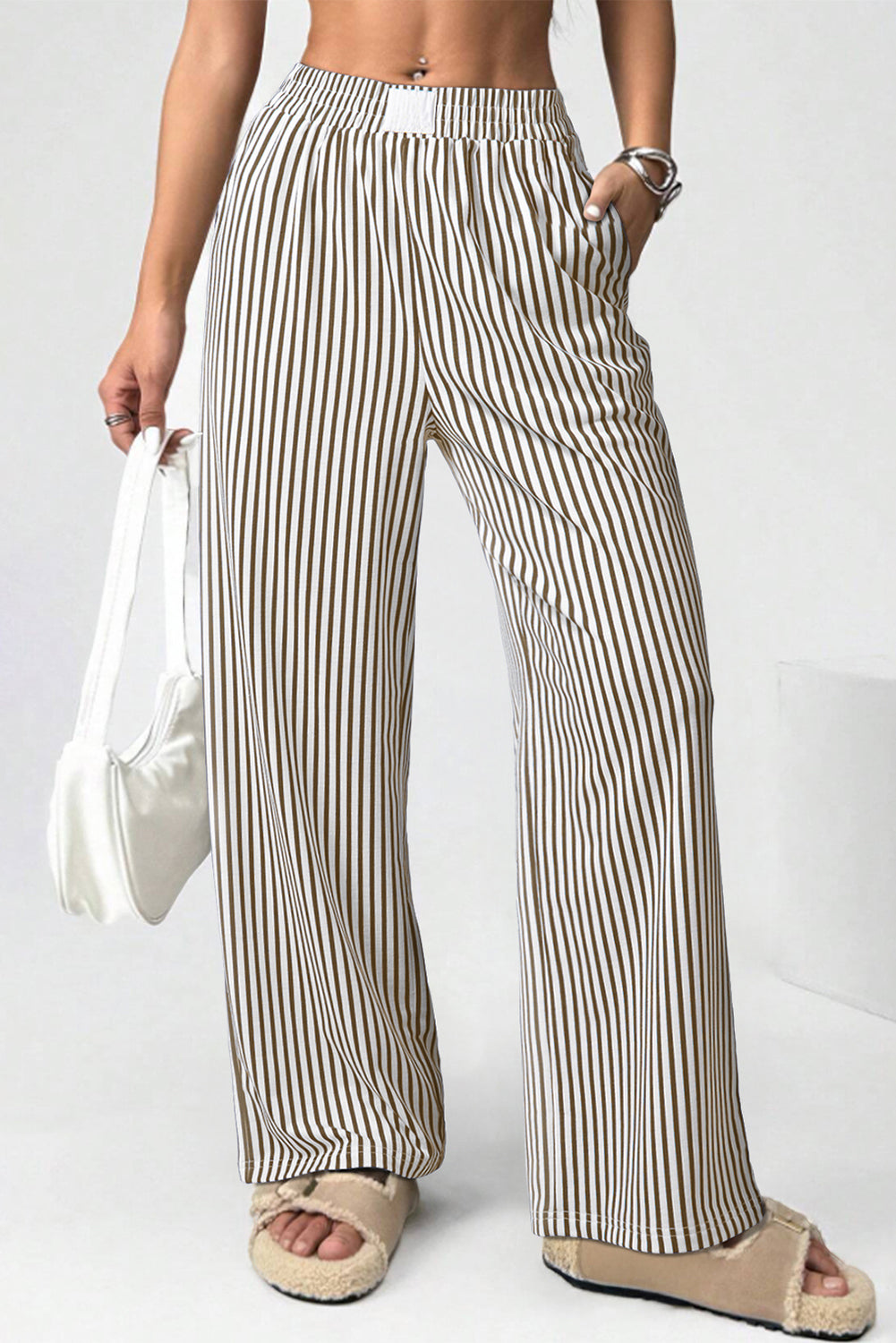 Striped Elastic High Waist Pocketed Loose Trousers - Brown / S - Bottoms/Pants & Culotte
