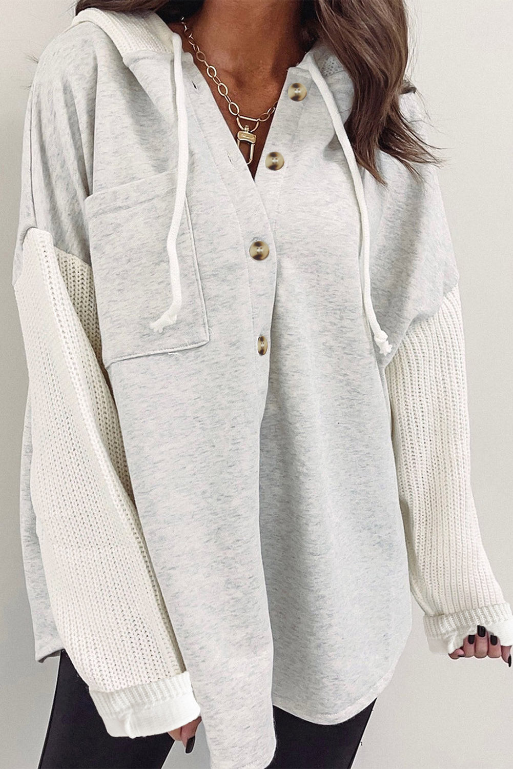 Grey Button Up Contrast Knitted Sleeves Hooded Jacket Beagle Boutique Fashion Outlet