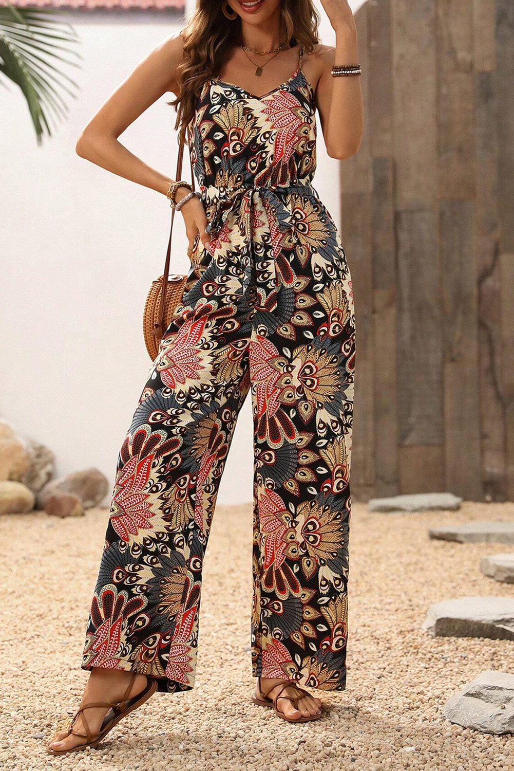 Black Floral Print Belted Sleeveless Wide Leg Jumpsuit eAura