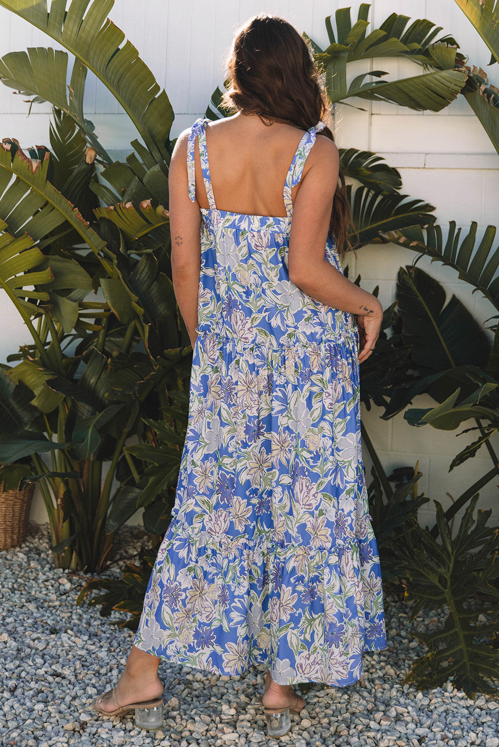 Sky Blue Floral Print Self-tie Straps Flowy Ruffle Long Dress eAura