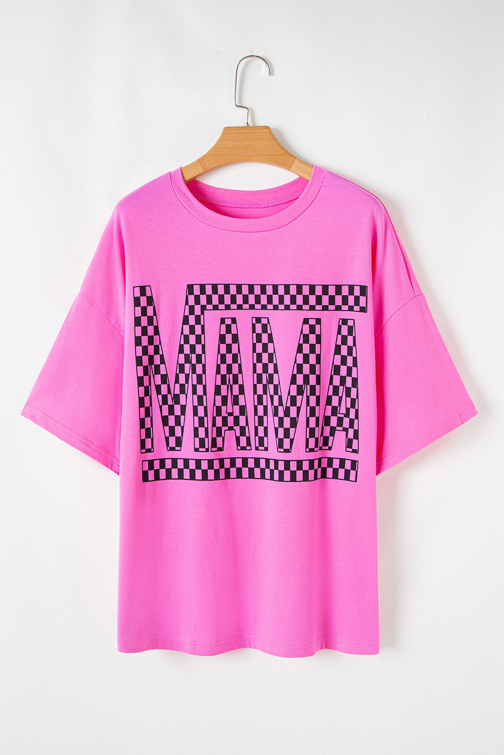 Bright Pink Checker MAMA Letter Printed Graphic Plus Size T Shirt BB Fashion Outlet