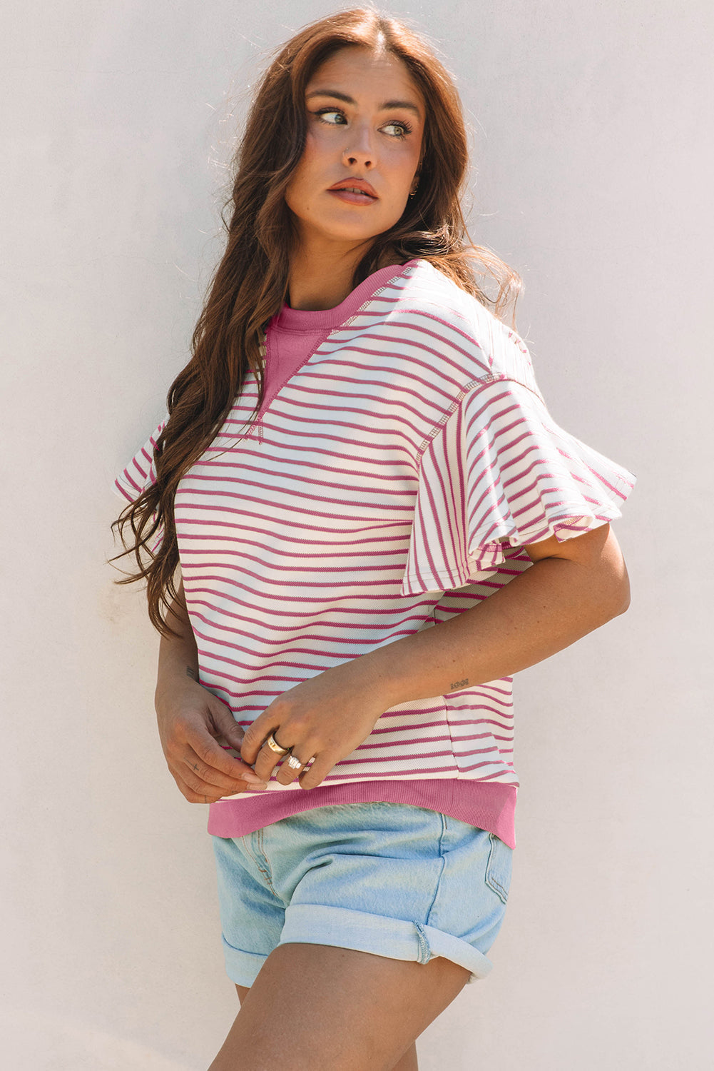 Contrast Detail Striped Ruffle Short Sleeve Top eAura