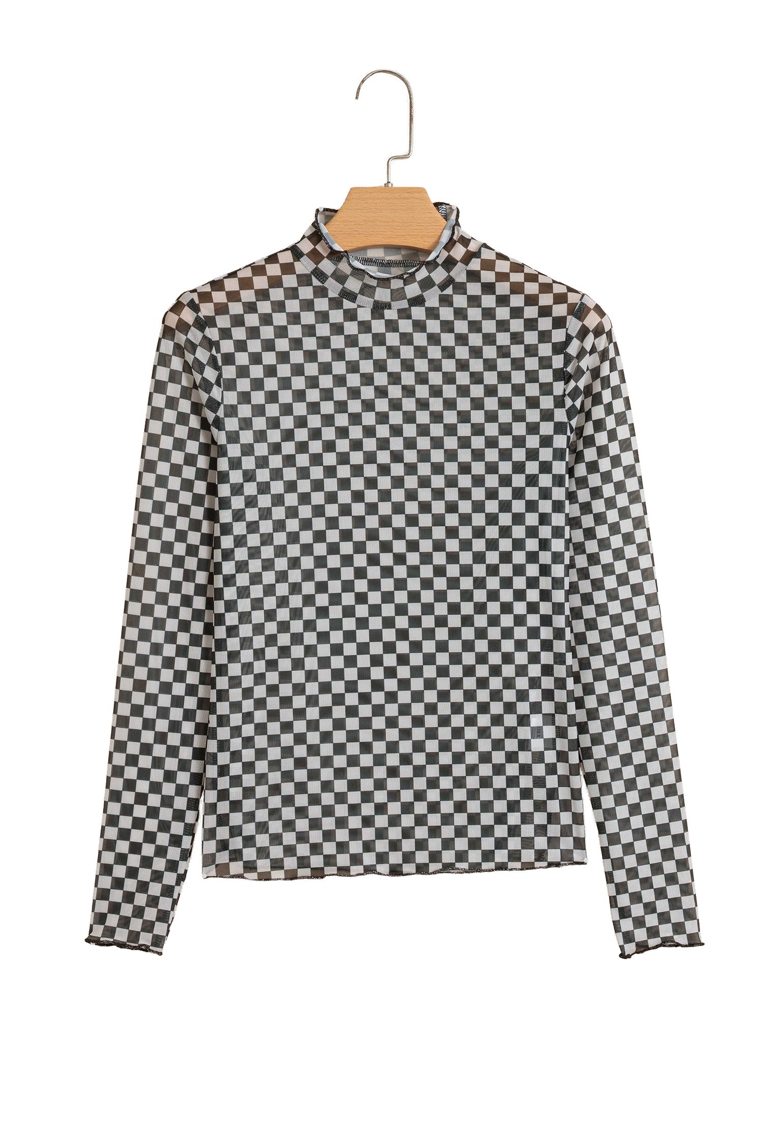 Plaid Stand Neck Long Sleeve Mesh Top – Black