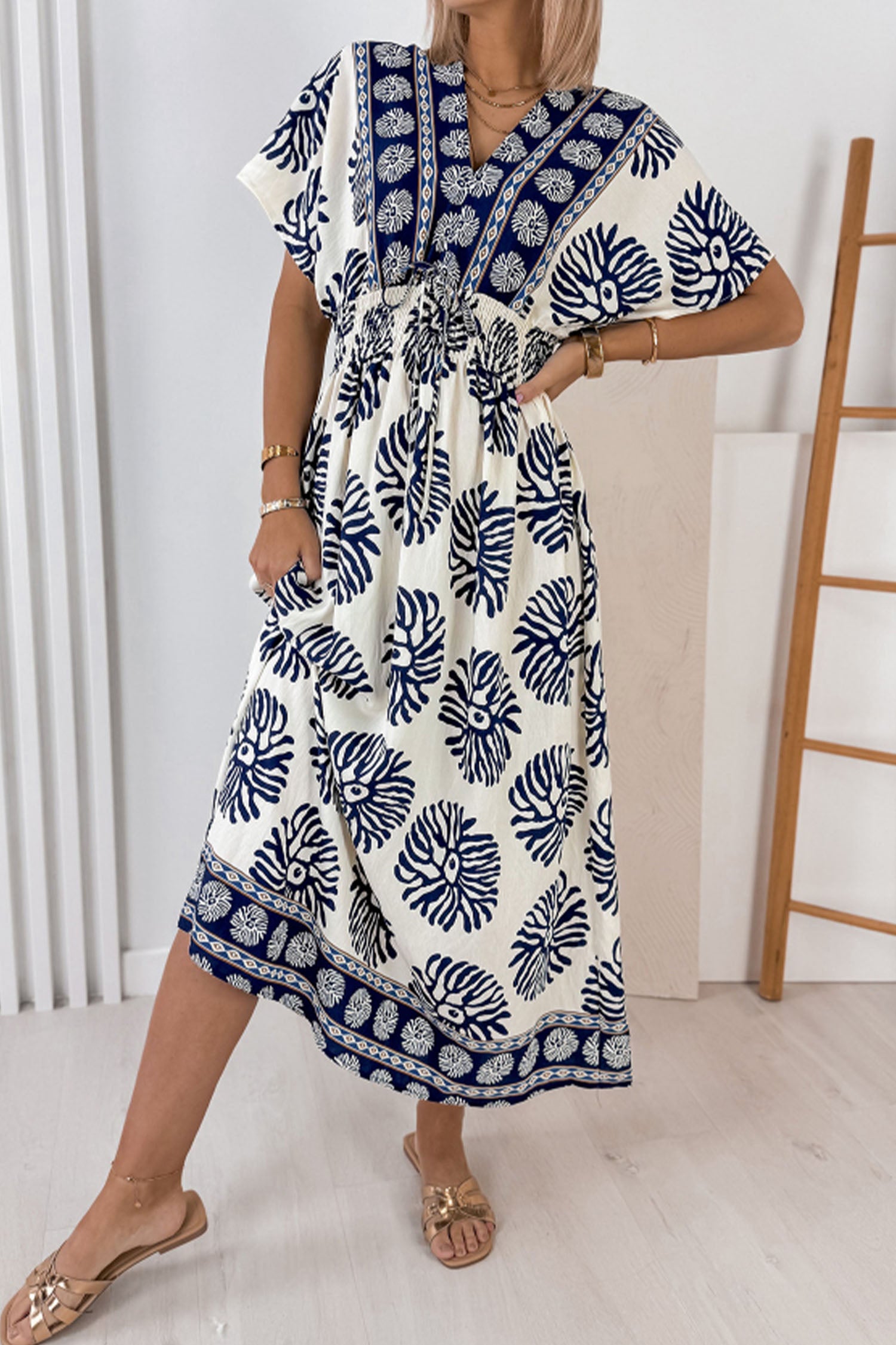 Boho Floral Print Contrast Patchwork V Neck Dolman Maxi Dress – Blue