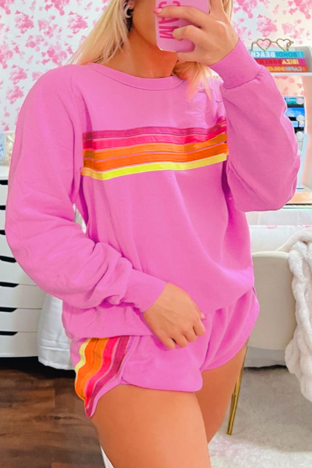 Bonbon Striped Accent Pullover and Shorts Two Piece Casual Set eAura