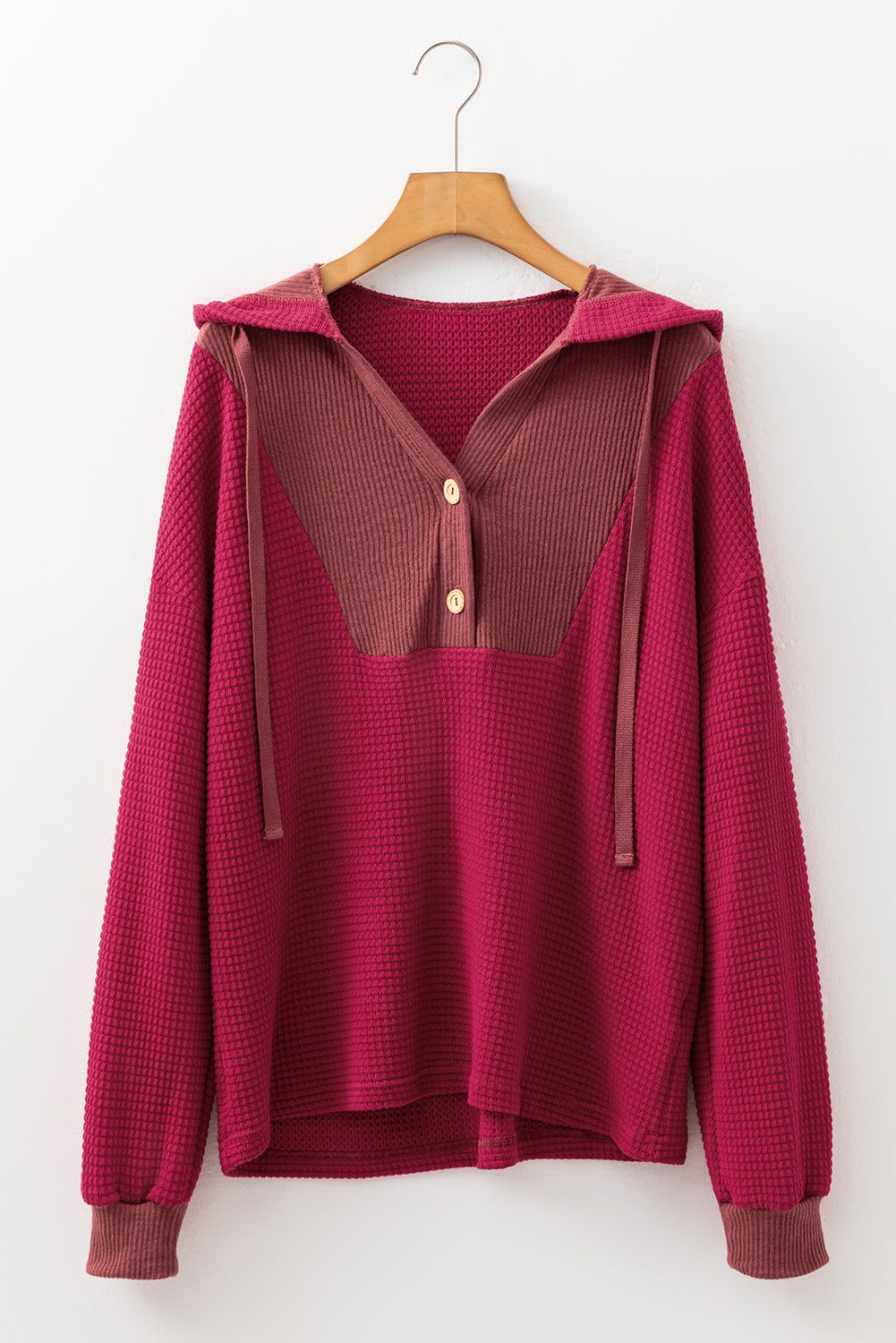 Waffle Patchwork Drop Shoulder Hooded Long Sleeve Top - eAura